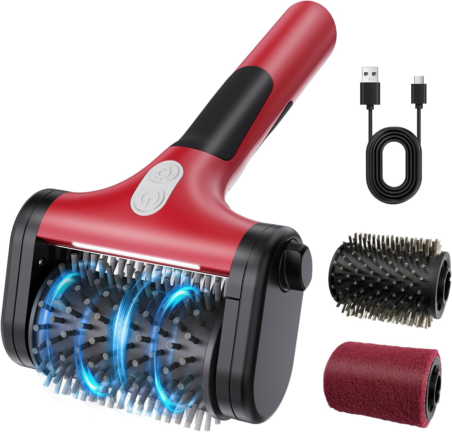 Electric Grill Brush for Outdoor Grill,2600mAh Rechargeable Electric Grill Cleaner with 2-Speed(Max 1000RPM)，2 Replacement Heads and LED Light for Outdoor/Camping BBQ Grates Cleaning Tool (Red)