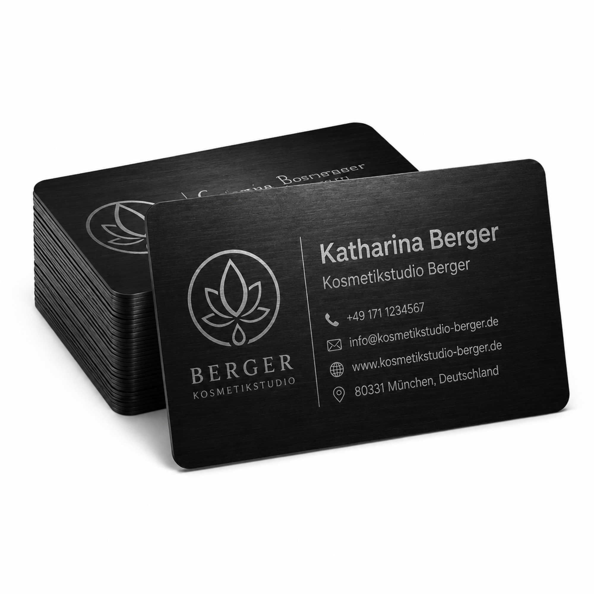 Visitenkarten erstellen - 100 personalisierte Aluminium Metall-Visitenkarten in Schwarz, 85 x 54 mm, mit Logo, Text oder QR Code, beidseitige Lasergravur