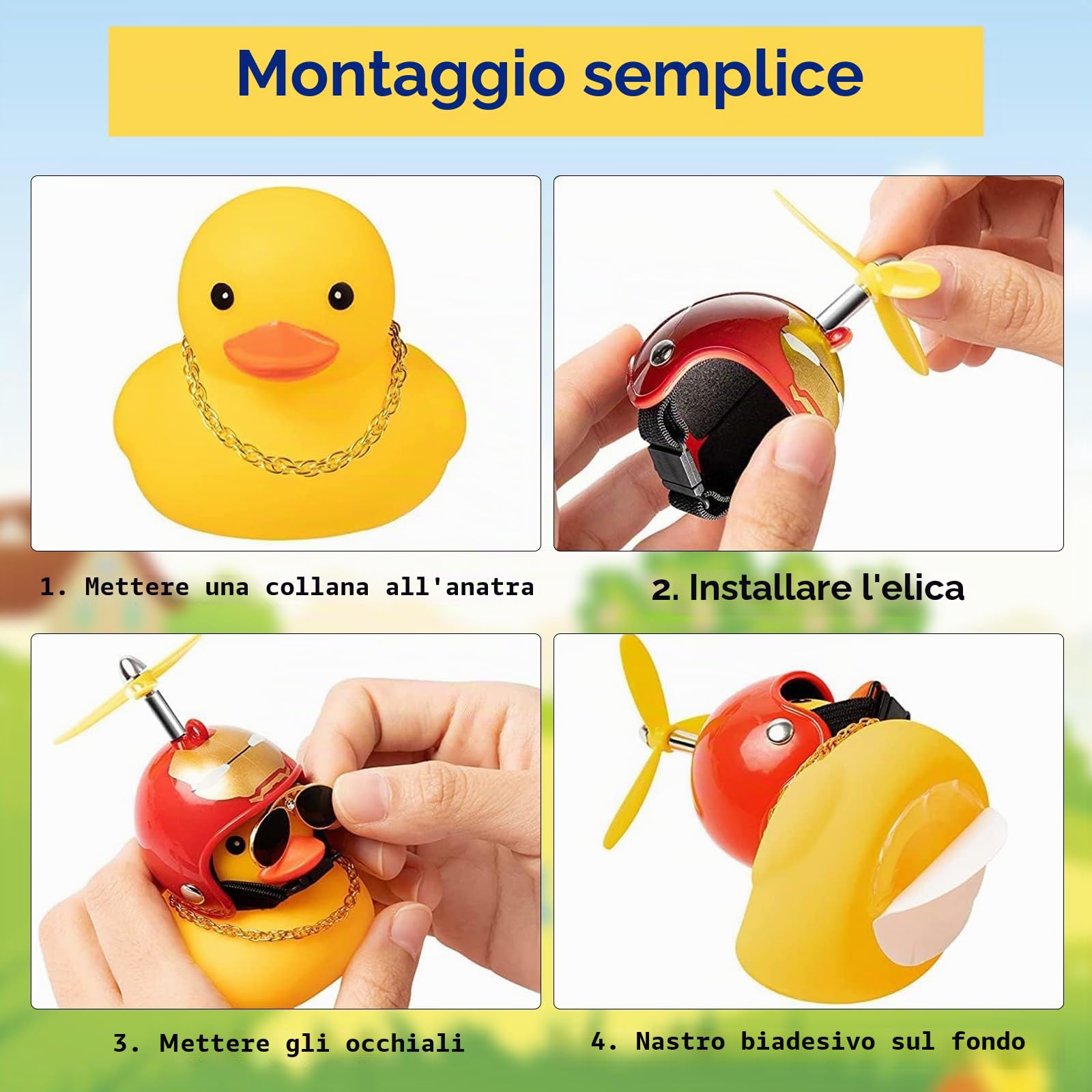 Anatra di Gomma Gialla Giocattolo 4 Pezzi con Casco a Elica e Cinturino per Auto Biciclette Moto