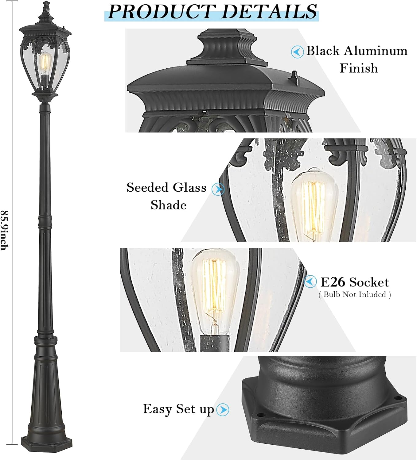 Outdoor Lamp Post Light, Lamp Posts Outdoor Lighting with Waterproof Aluminum Pole and Glass Panels, Street Lamp Light Posts for Outside Yard Garden Driveway thumbnail