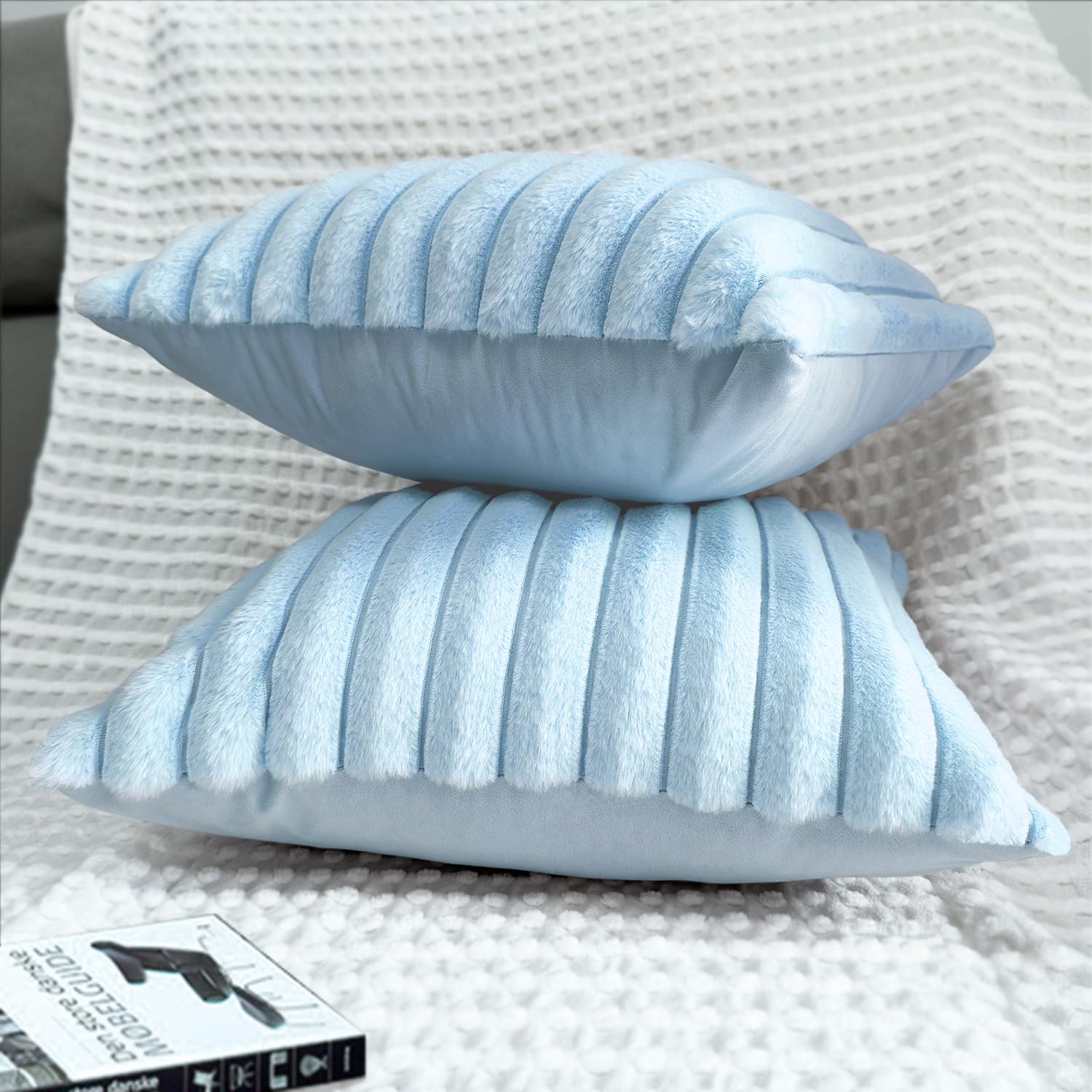 2 Pack Pillow Covers, 20x20 Faux Fur Square Throw Pillow Covers for Living Room Decorations Throw Pillow Case, Throw Pillow Cover Cushion Cover for Home Sofa Bedroom Car, Light Blue - Image 5