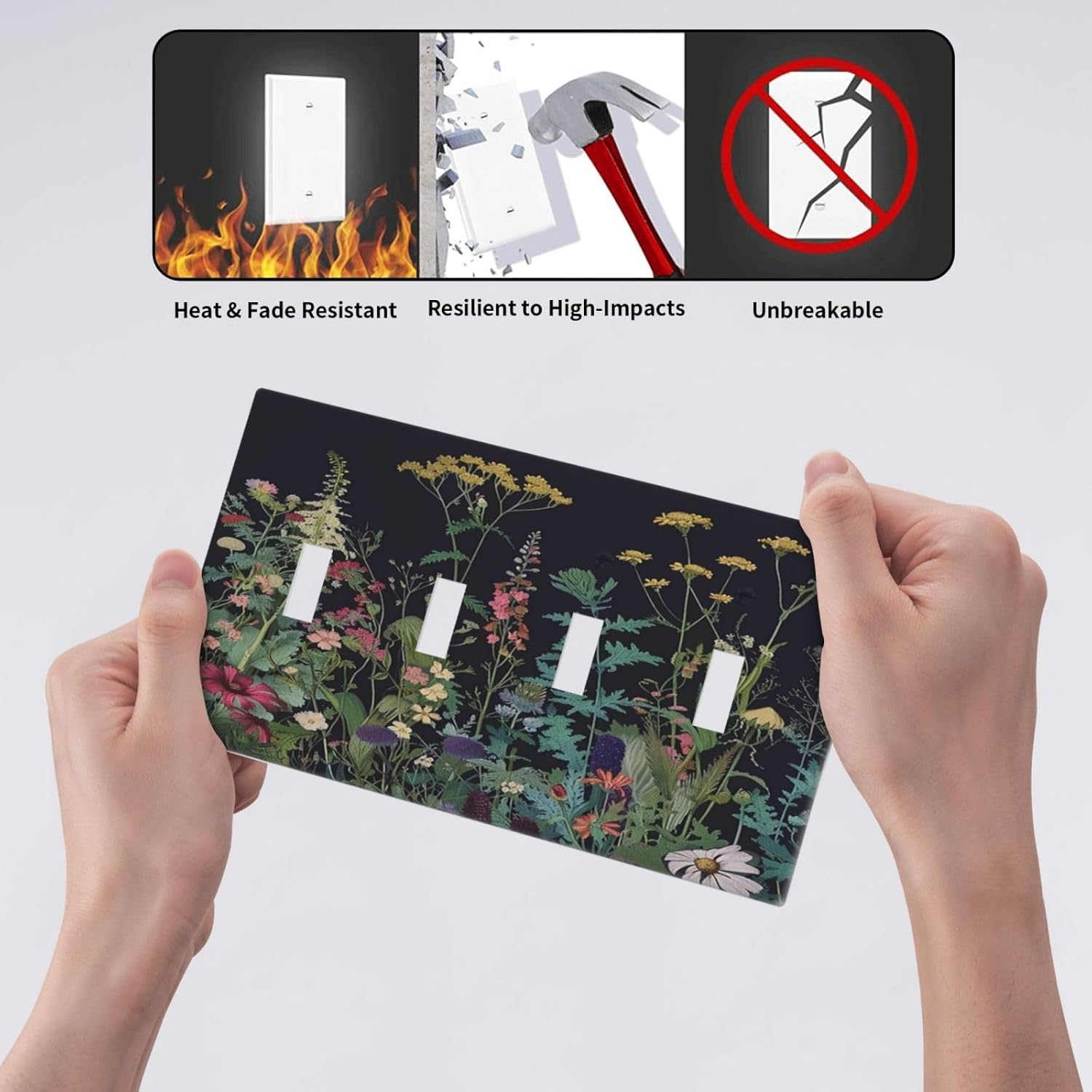 Light Switch Cover Boho Wildflowers Herbs Floral 4 Gang Switch Plate Quad Toggle Wall Plates Decorative Switchplate Electrical Outlet Cover Plates for Bathroom Bedroom Decor