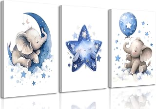 3Pcs Blue Nursery Elephant Canvas Wall Art Baby Boy Wall Decor Cute Animal Painting Pictures Moon And Stars Balloon Poster Prints for Nursery Classroom Kids Room Bedroom Home Decoration 12X16