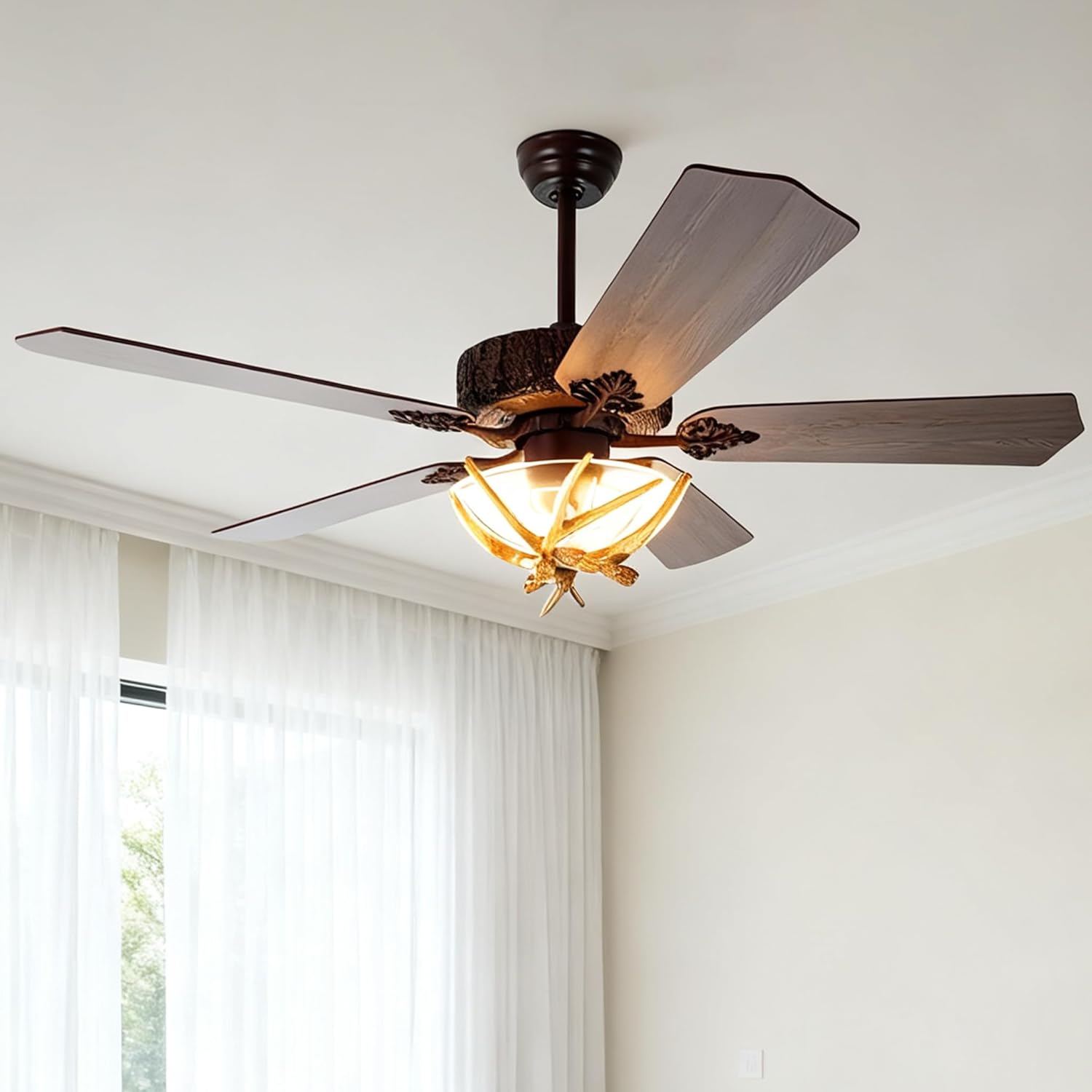 Antler Rustic Ceiling Fan with Lights and Remote, Antlers Chandelier Ceiling Fan Light, Indoor Electrical Fan with 5 Wood Blades for Hunting, Farmhouse, Bedroom Living Room(46 Inch)