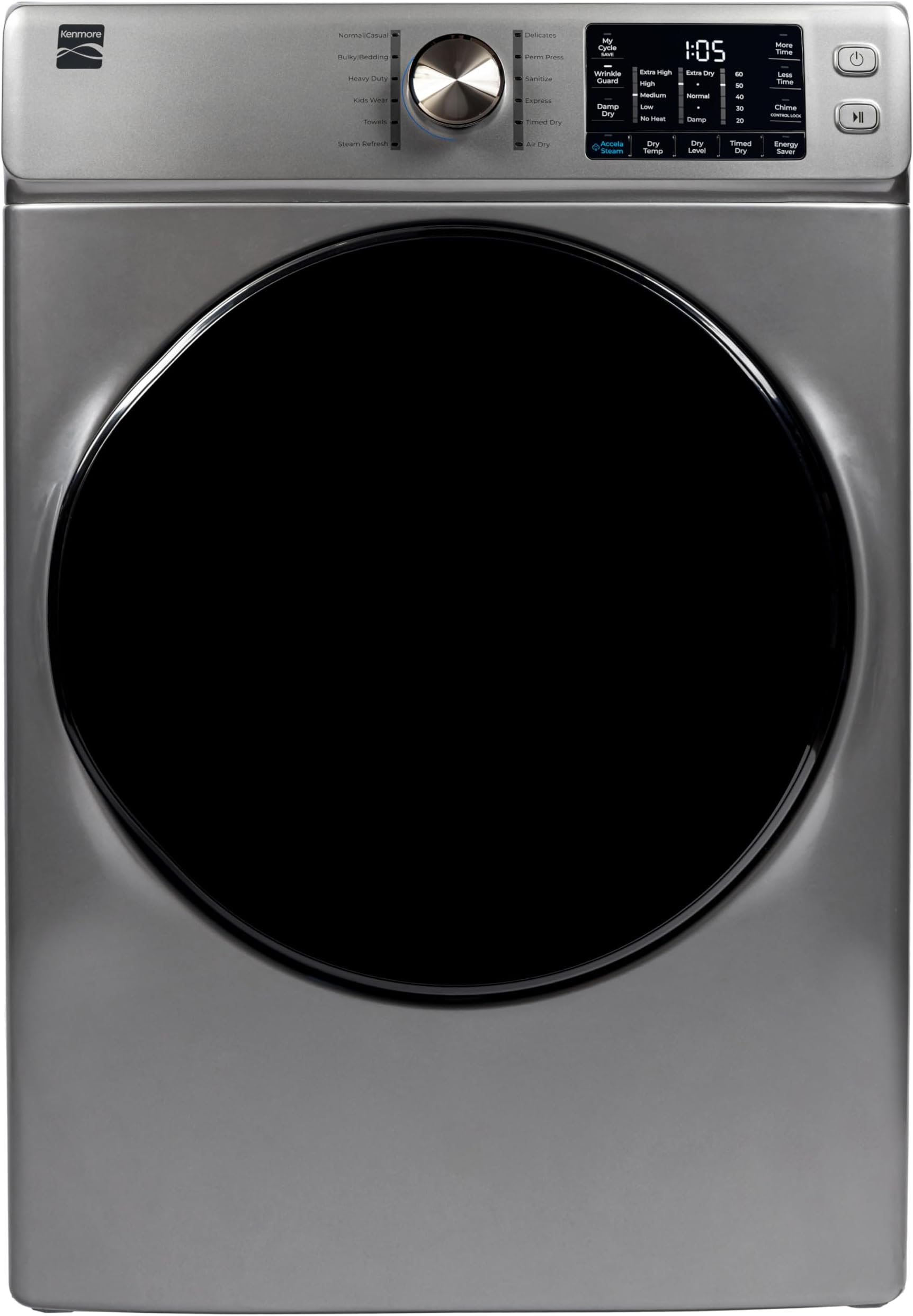 8.0 cu. ft. Front Load Electric Dryer with Wrinkle Guard & Accela Steam to Reduce Wrinkles, Static & Odors - Smart Sensor Drying - LED - ENERGY STAR Certified - Metallic Silver