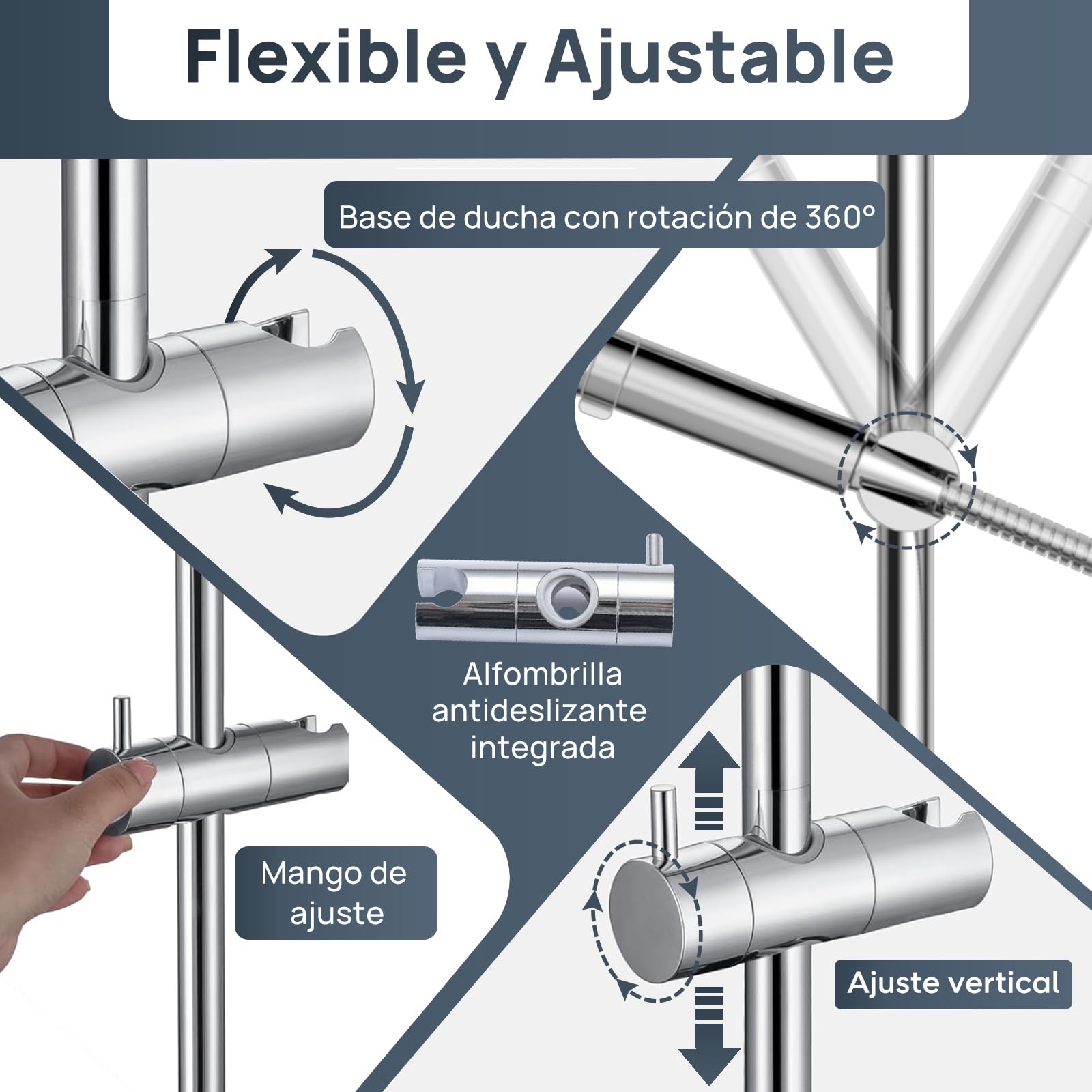 Columna de Ducha 90cm con 3 Funciones Alcachofa de Mano, Soporte de Alcachofa de Ducha Ajustable y Manguera Flexible 1,5m, Barra de Ducha sin Mezclador, Acero Inoxidable 304, Cromo