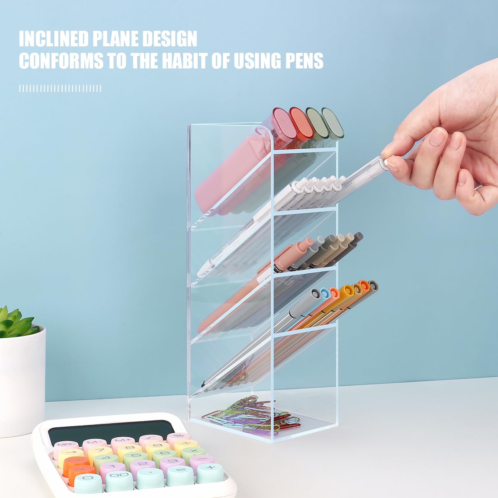 Uquelic Acrylic Pencil Holder, 5 Compartments Clear Pen Pot - Image 2
