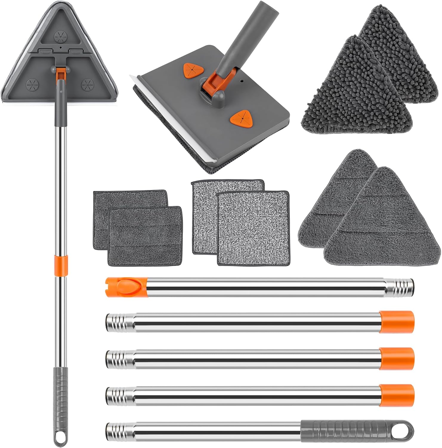 CALBEAU Baseboard Cleaner Tool with Handle, Folding Wall Mop with 86" Extension Pole, Swivel Wall Cleaner Mop with Squeegee, 8 Reusable Pads for Baseboard, Wall, Ceiling, Window, Floor, Furniture