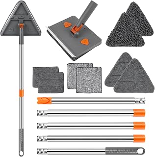 Baseboard Cleaner Tool with Handle, Folding Wall Mop with 86" Extension Pole, Swivel Wall Cleaner Mop with Squeegee, 8 Reusable Pads for Baseboard, Wall, Ceiling, Window, Floor, Furniture