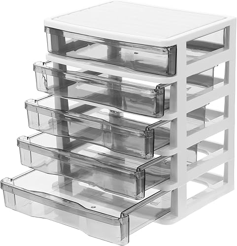 Contenedor de almacenamiento de escritorio de 5 cajones, pequeños cajones de plástico de almacenamiento de escritorio de 5 capas, marco blanco con