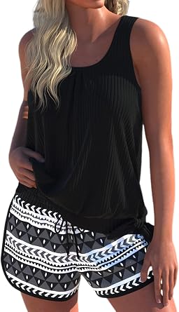 ROSEWE Modest Tankini Swimsuits for Women, Two Piece Athletic Womens Bathing Suits Blouson Tank Tops with Board Shorts
