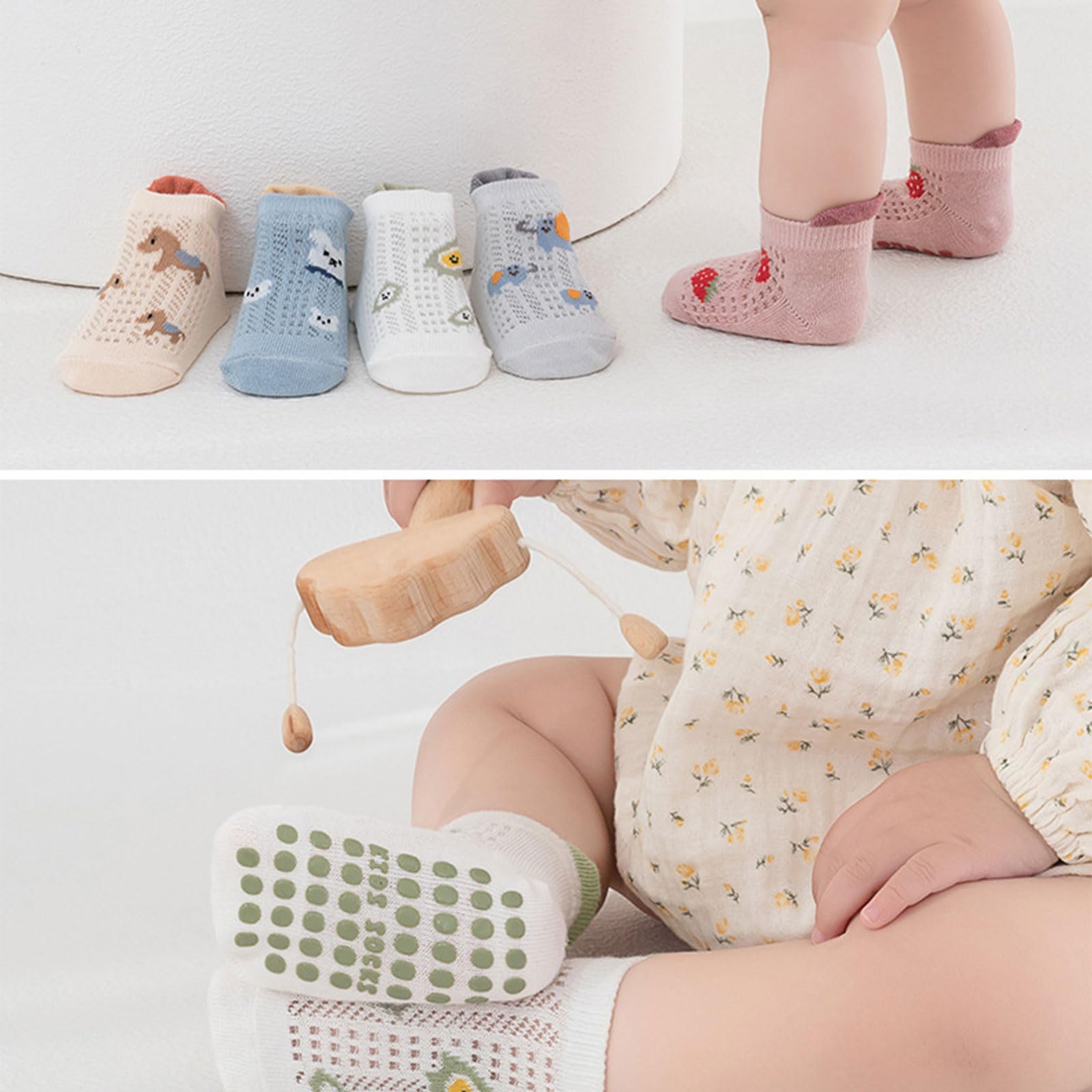 5 pares de calcetines de piso para niños pequeños, diseño de malla, cómodos calcetines para primeros caminantes con puntos de tracción, malla para niños pequeños