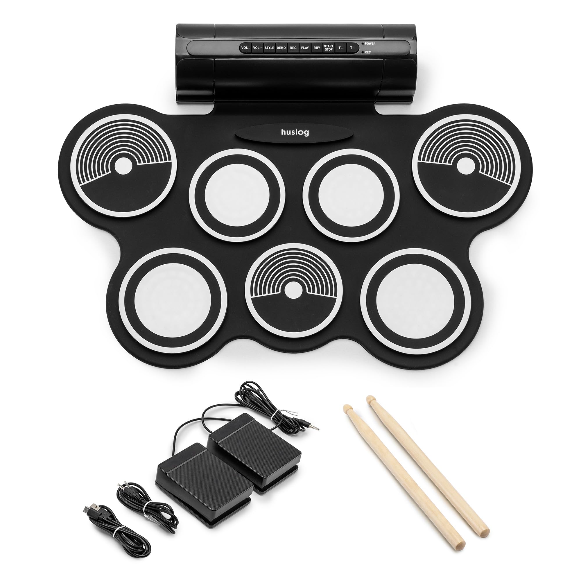 Batteria Elettronica Portatile per Bambini e Principianti, 7 Pad + 2 Pedali, 12 Ritmi Demo, 7 Suoni, Funzione Registrazione, Ingresso MP3, Uscita Cuffie e Altoparlanti