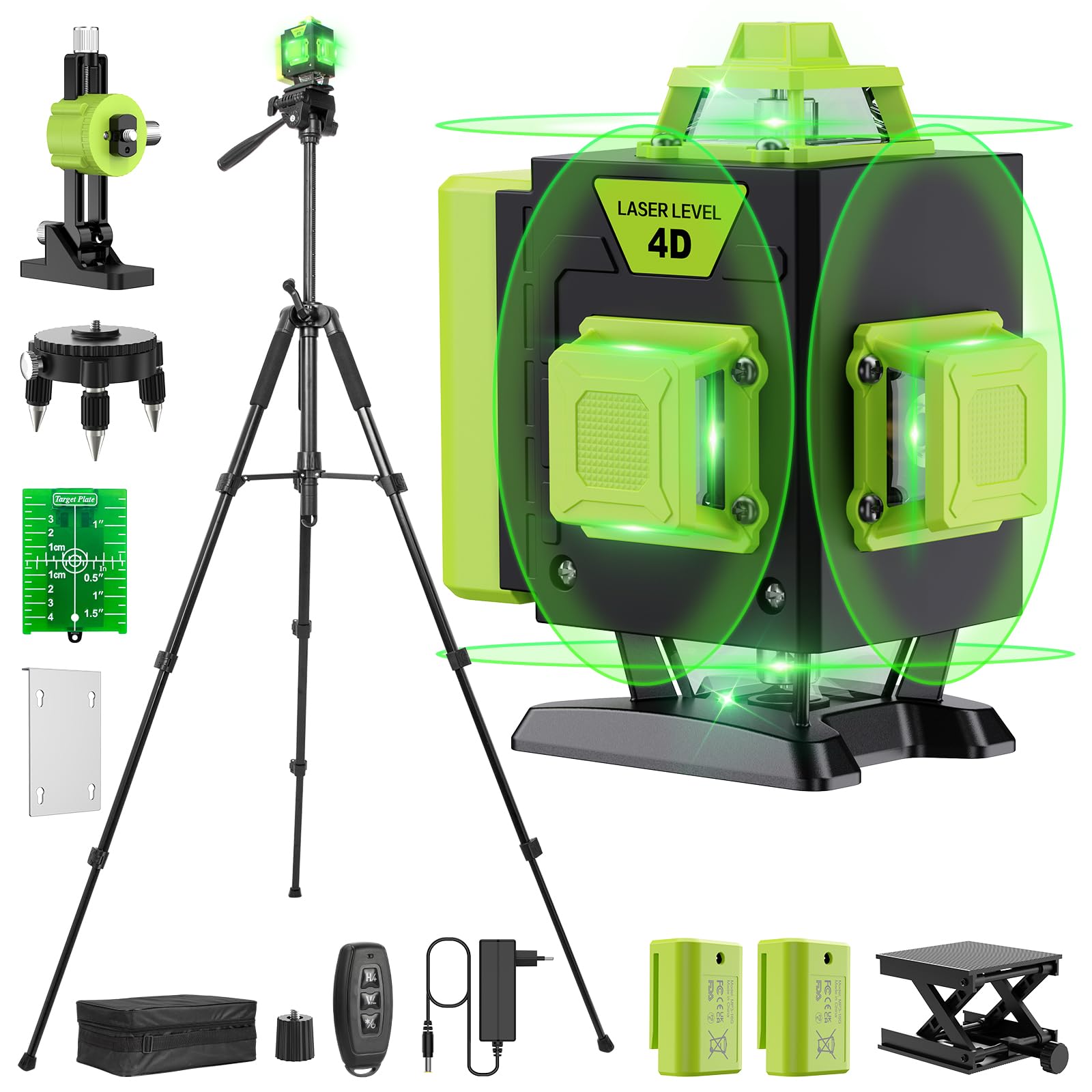 【avec Trépied】Niveau Laser 4 x 360°, 16 Lignes Vert Laser Chantier Professionnel pour la Construction et l'Accrochage de Photos, Autonivellement, Batterie Rechargeable
