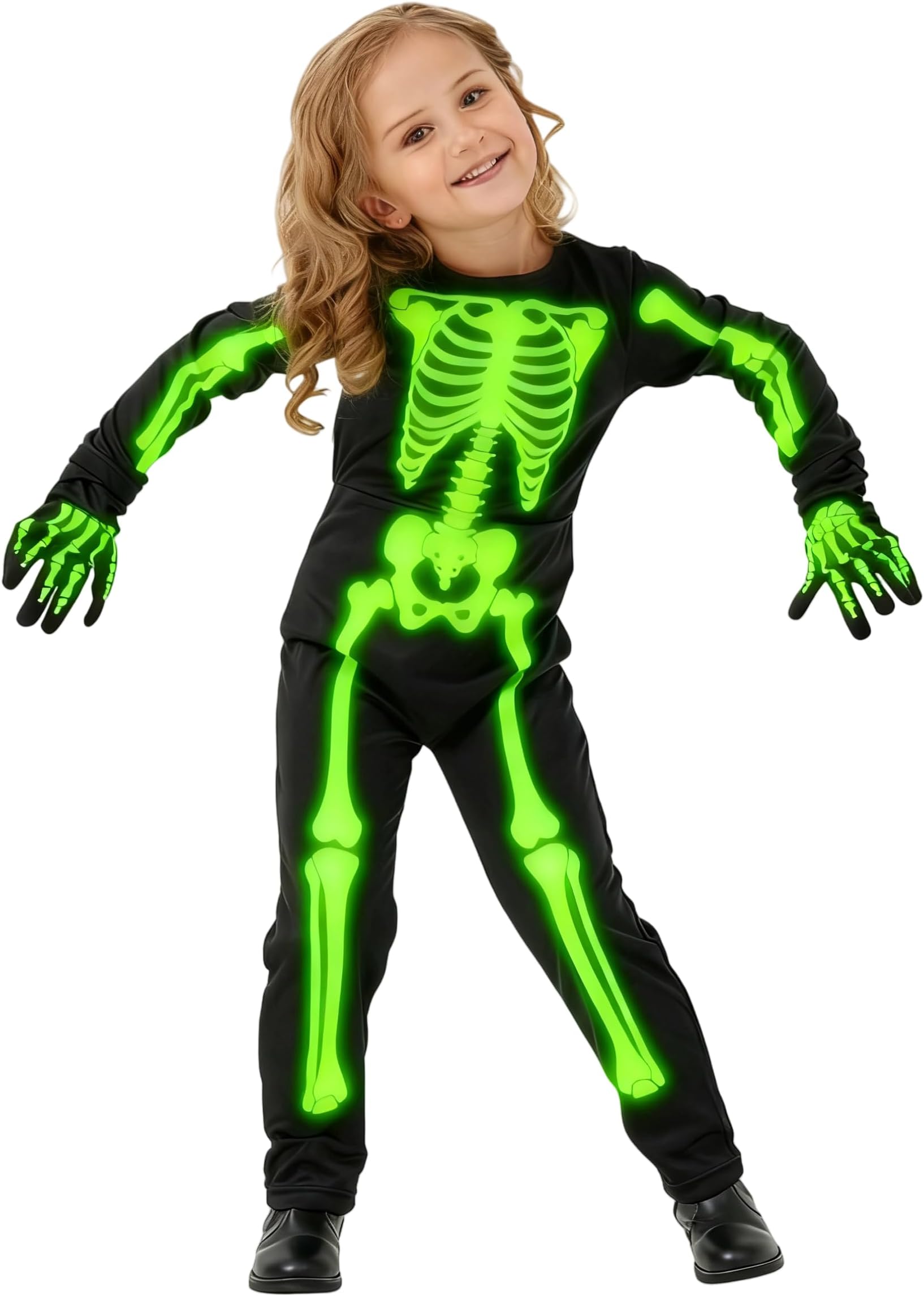 キッズ スケルトンコスチューム 幼児 暗闇で光る ハロウィン パーティー ドレスアップ 衣装 手袋付き 女の子 男の子
