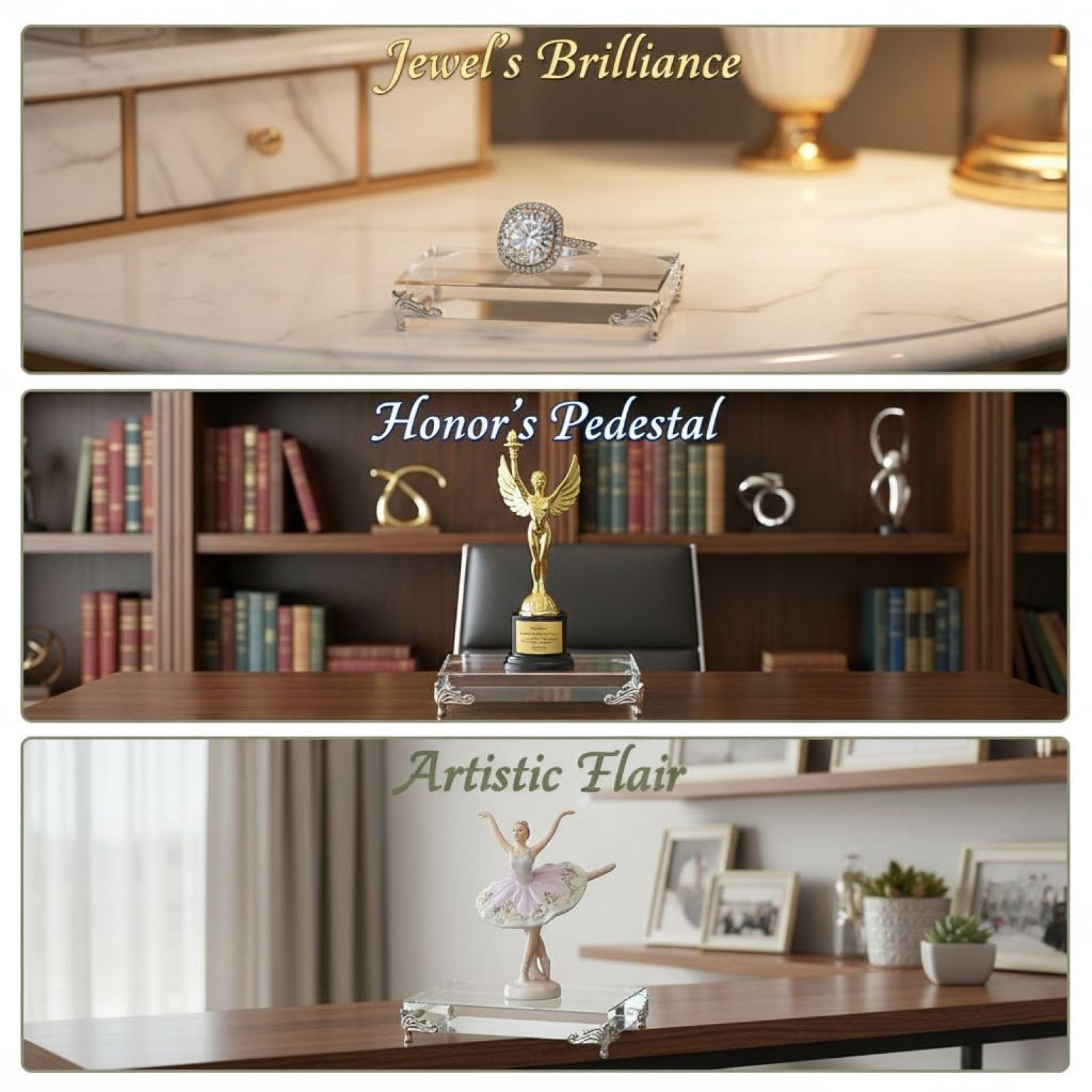 Display-Sockel aus Kristallglas, rechteckiger Präsentationsständer mit Zinkmetallrahmen, europäisches Design für Trophäen, Schmuck, Figuren und Sammlerstücke, elegante Dekoration für Ihr Zuhause