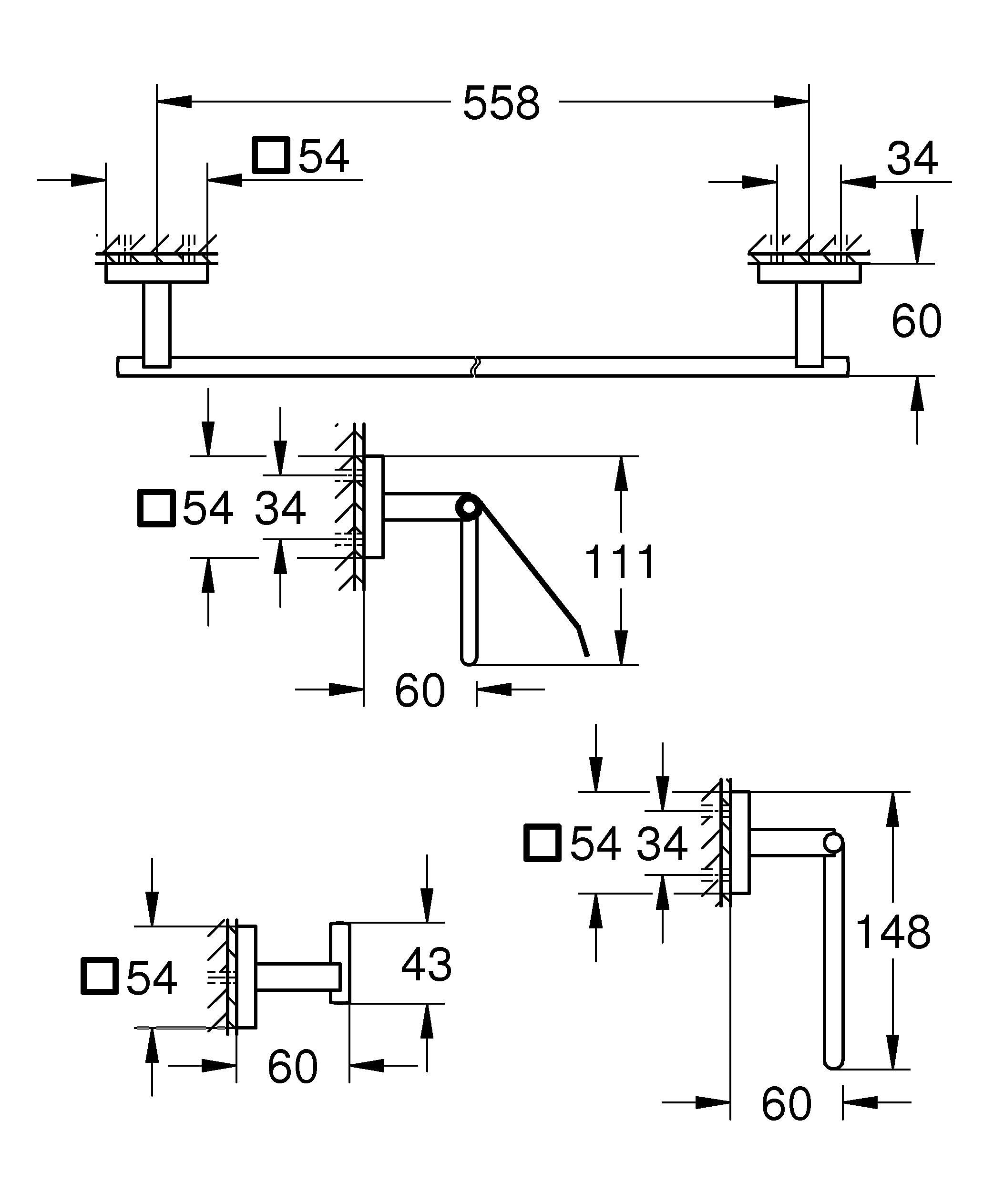 GROHE Start Cube, Set Accessori da Bagno 4 in 1, Gancio Per Accappatoio, Anello Per Asciugamani, Portarotolo Per Carta Igienica, Portasciugamani da 558 mm, Nero Opaco, 411152430