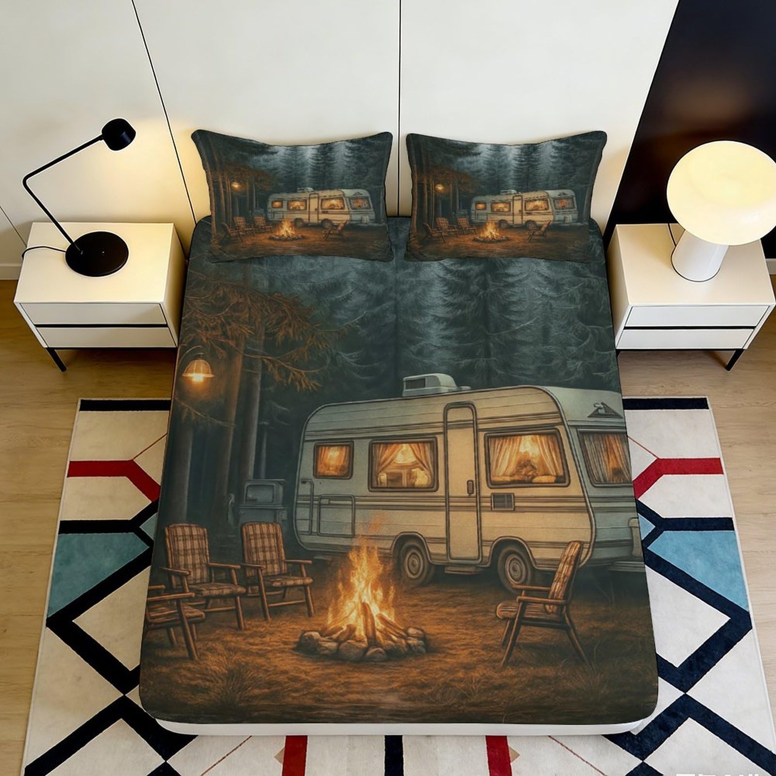 3D Printed Camping Forest Fitted Sheet Microfiber Cozy Camper Night Mattress Cover for Bedroom Guest Room Decor 90x200x25cm