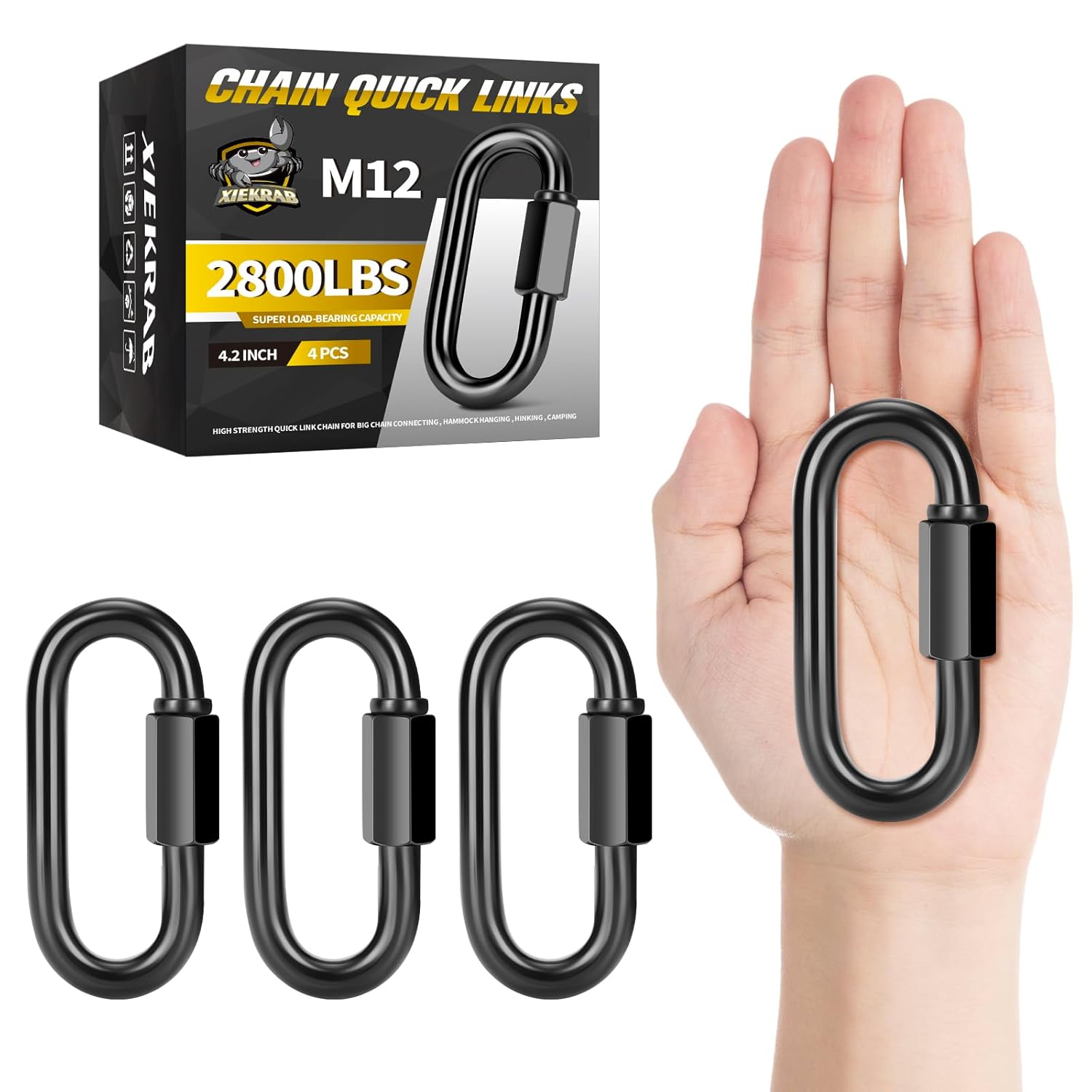 4Pcs 4.2” Quick Link Chain Connector, 2800lbs Capacity M12 Heavy Duty High Strength Giant Carabiners for Hammock, Swing, Camping, Fishing, Hiking