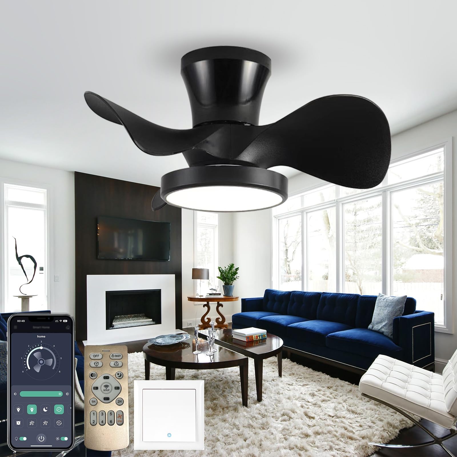 SXDMOUBK Modern Black Ceiling Fan Light Fixture with Reversible Blades Timer 6 Speed DC Dimmable Perfect for Living Room and Bedroom Decor