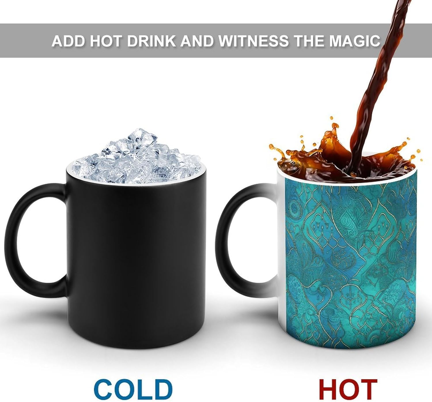 Color Changing Mug Turquoise Pattern Printed Ceramic Coffee Mug Heat Changing Sensitive Mug Magic Heat Changing Coffee Mug Novelty Coffee Mugs