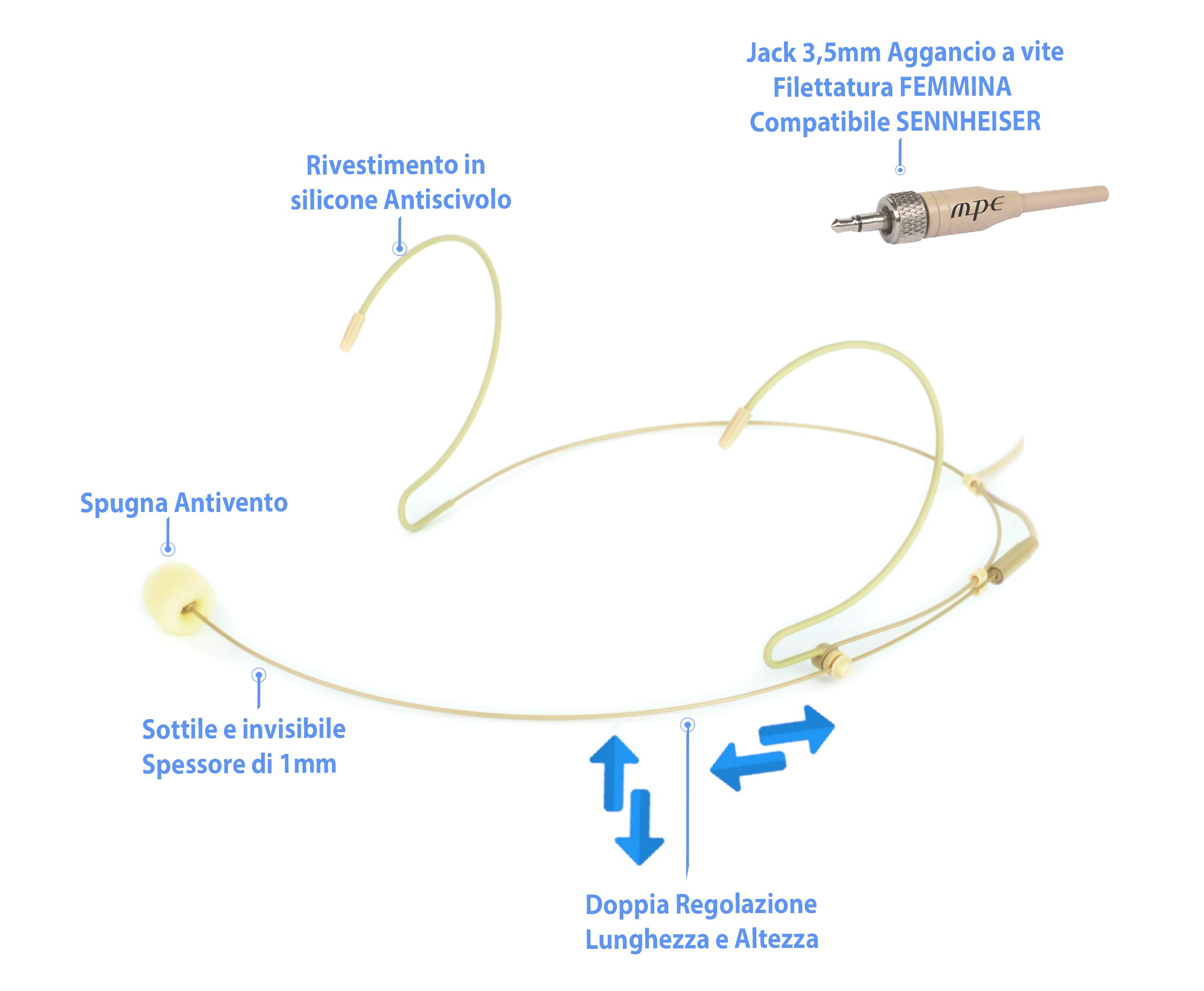 MPE - Microfono ad archetto color carne pelle rosa beige professionale a condensatore polarizzato cardioide per radiomicrofoni Jack 3,5mm con filettatura FEMMINA compatibile più modelli mod: HD10F