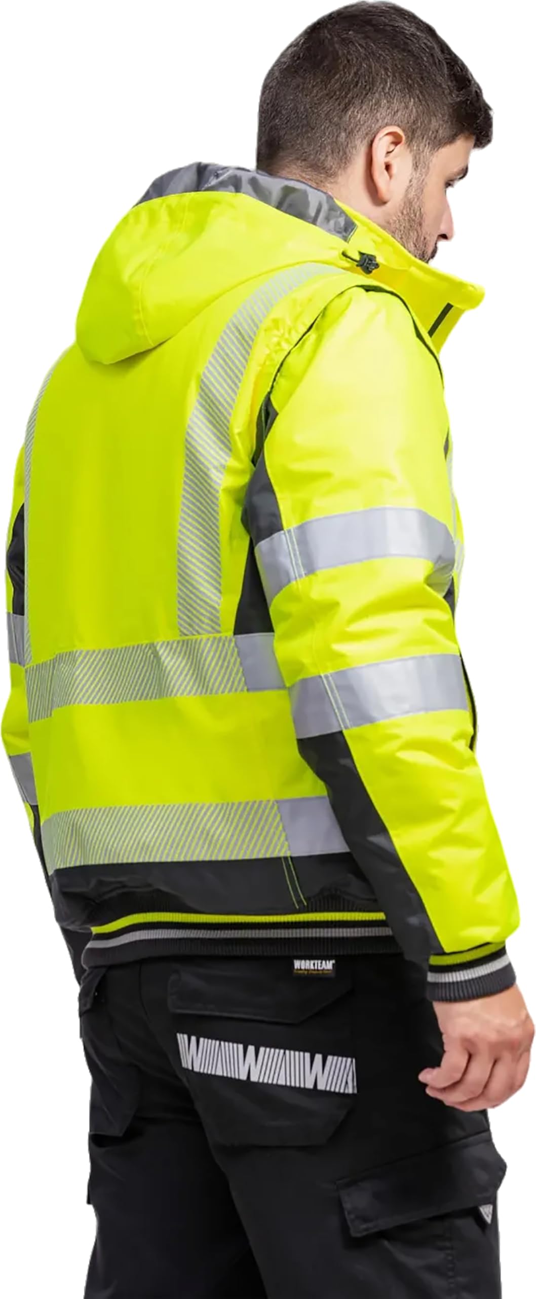 WORKTEAM Cazadora Piloto Alta Visibilidad Impermeable Acolchada con Mangas Desmontables, Capucha, Cintas Reflectantes Segmentadas, para Frío Intenso (580 gr/m2), Hombre
