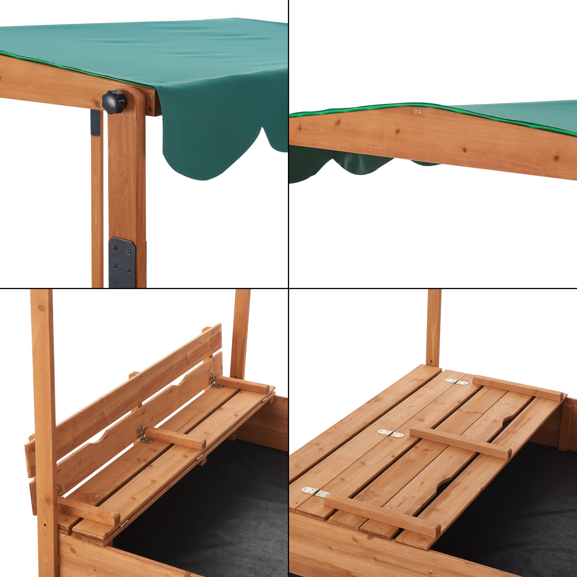 [en.casa] Sandkasten Kellenhusen mit höhenverstellbarem Dach 145 x 118 x 118 cm Sandkiste mit Abdeckung Sandbox mit 2 klappbaren Sitzbänken und Bodenfolie Tannenholz Natur