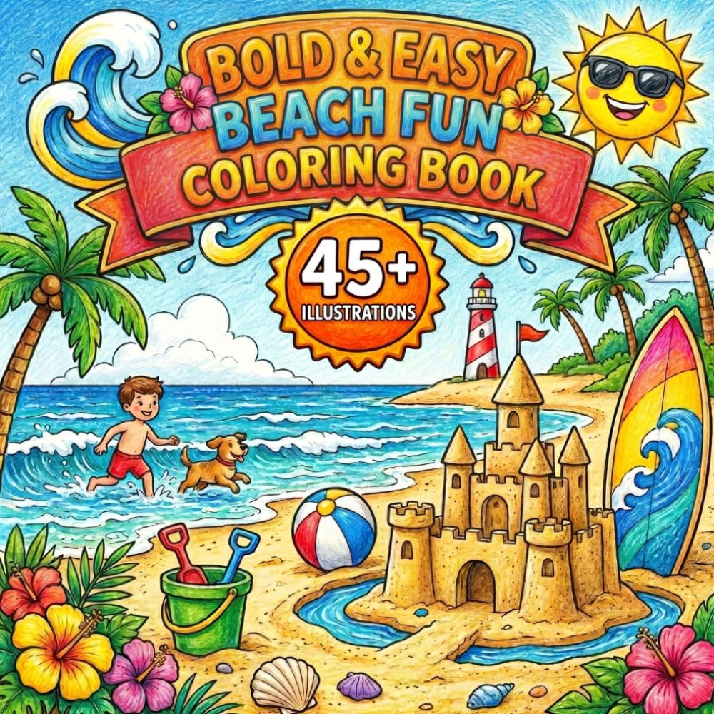 Bold And Easy Beach Fun Coloring Book: Simple Summertime Designs For Relaxation | featuring Sandcastles, Sunshine and Vacation Adventures | For Adults And Kids