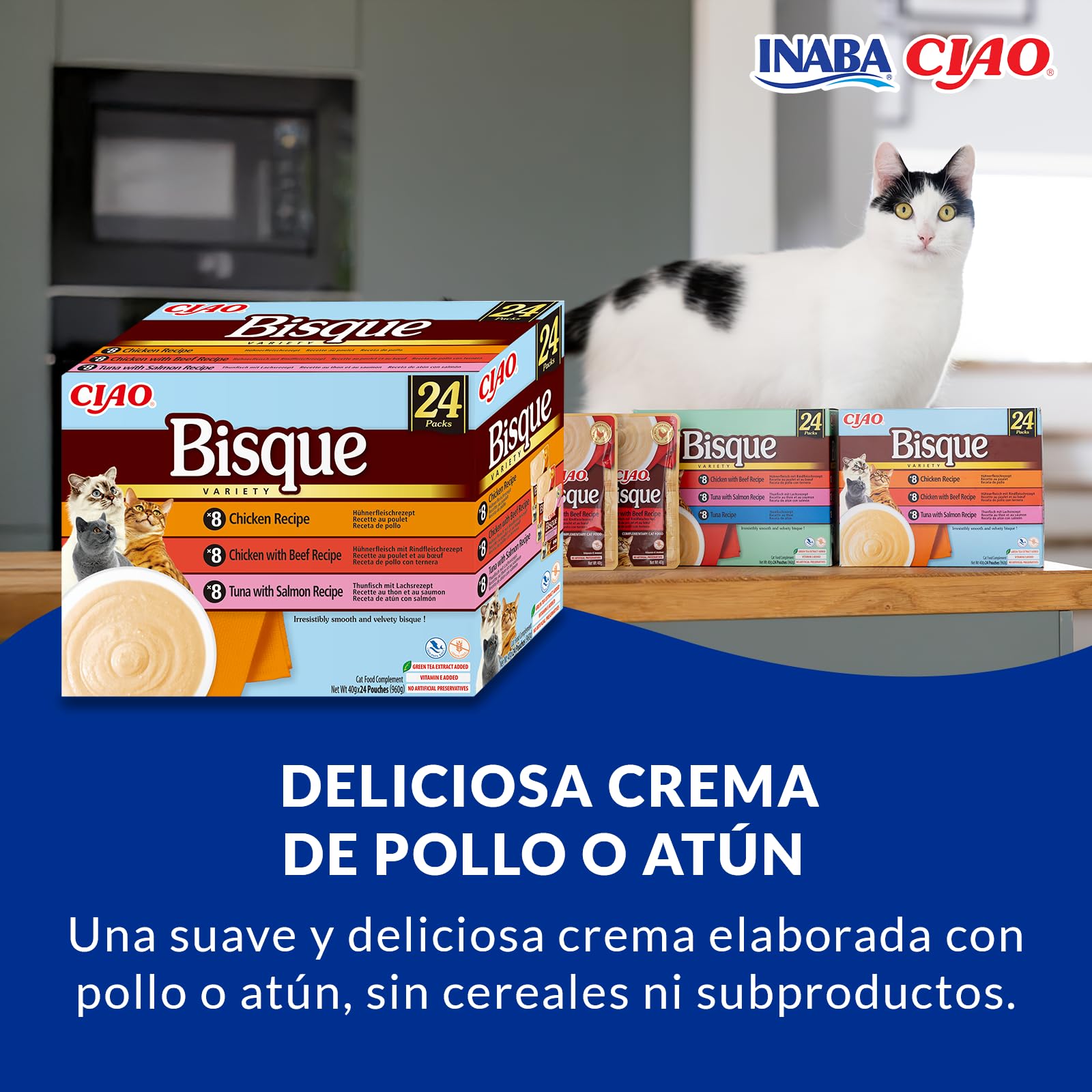 INABA Ciao Bisque Gatos - Receta Saludable de Crema de Pollo y Atún con Salmón - Comida Húmeda - Alimento Complementario Natural, sin Cereales, sin Conservantes ni Colorantes - 960g (24 Sobres x 40g)