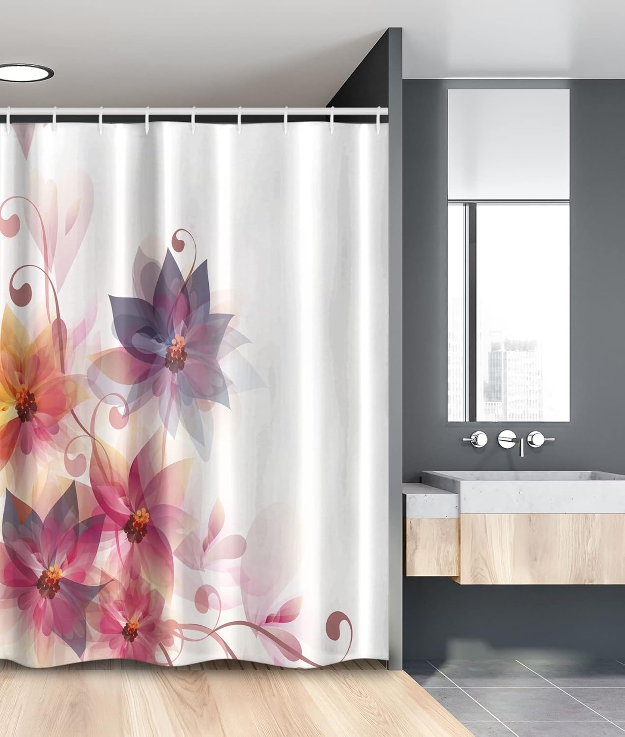 Ambesonne Abstract Stall Shower Curtain, Modern Floral Design with Burts and Leaves Detailed Romantic Image, Fabric Bathroom Decor Set with Hooks, 54" W x 78" L, Pink Purple and Orange