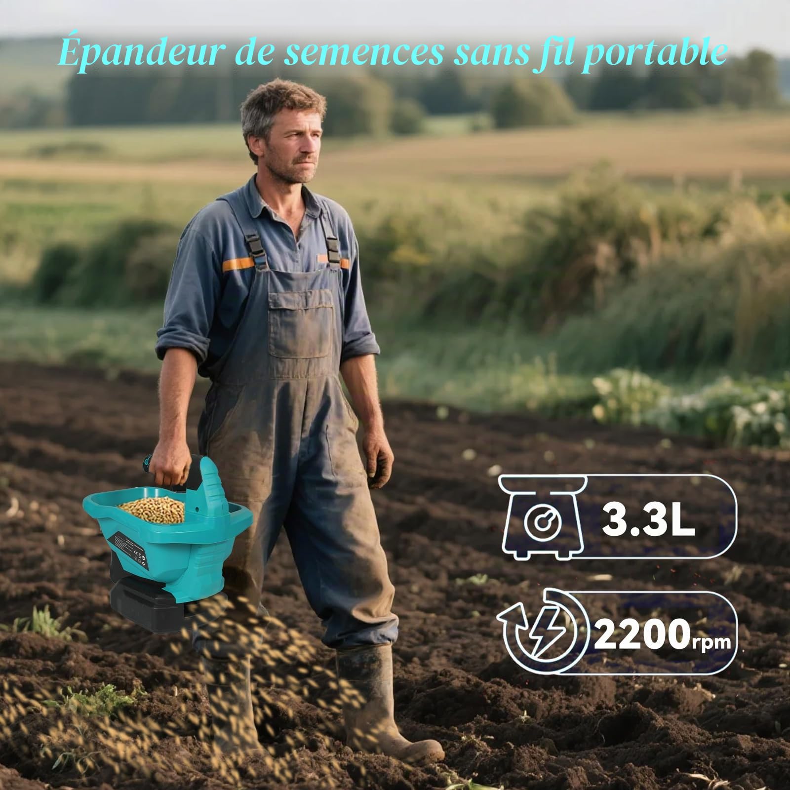JOPWUE Épandeur Portable sans Fil,pour Batterie Ma-Kita~ 18 V,avec Réglage de Vitesse Rotation à 6 Niveaux,Régulateur 8 Positions, 3.3L,pour Fertiliser, Semer, Saupoudrer de Sel,sans Batterie (Bleu)