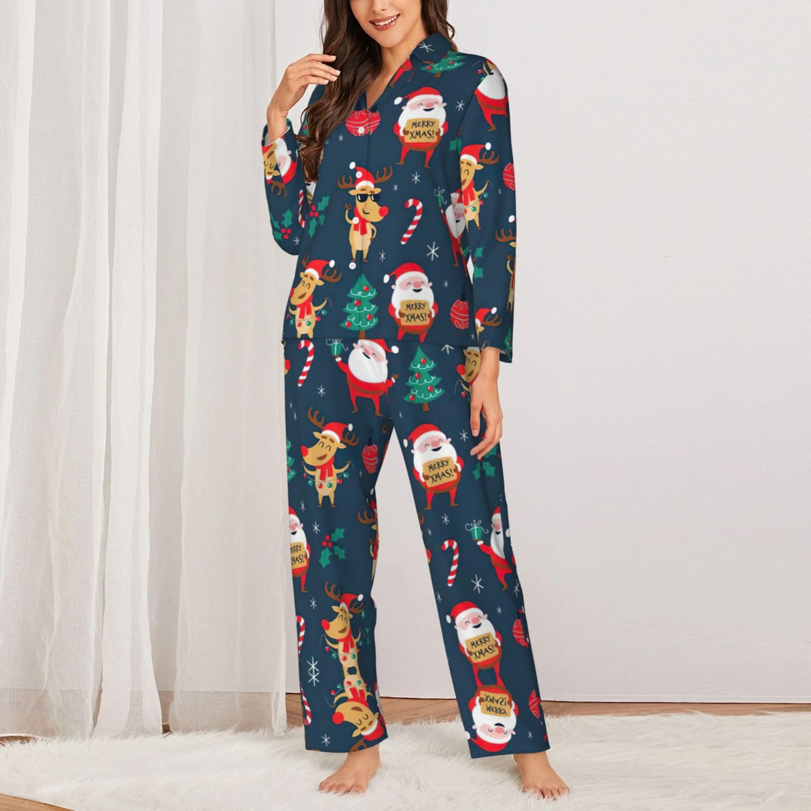 Conjunto de pijama de Papá Noel con estampado navideño para mujer, pijama familiar, para Navidad, Acción de Gracias y uso diario