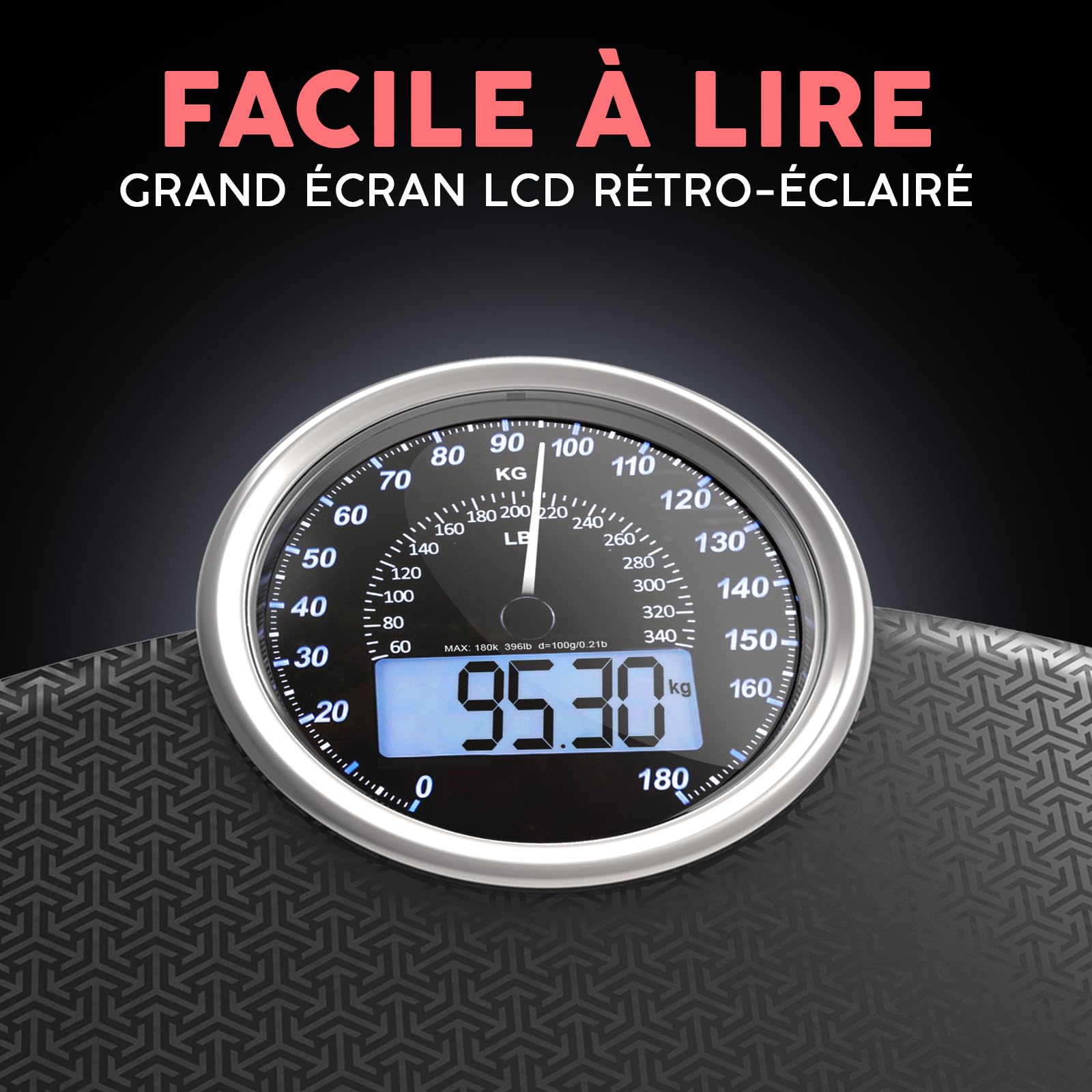 Hybrid Pèse-Personne - Analogique & Digital, Précis jusqu'à 180 kg | Lisez votre poids sur cadran analogique et LCD en même temps. Large plateau, 3 piles AAA incluses, prêt à l'emploi.