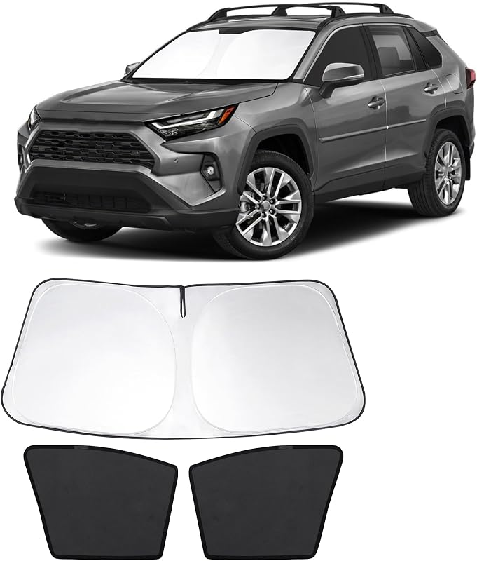 Protetor solar para para-brisa e janelas dianteiras Fannyc compatível com Toyota RAV4 2019–2024, dobrável, com tela magnética e 3 peças