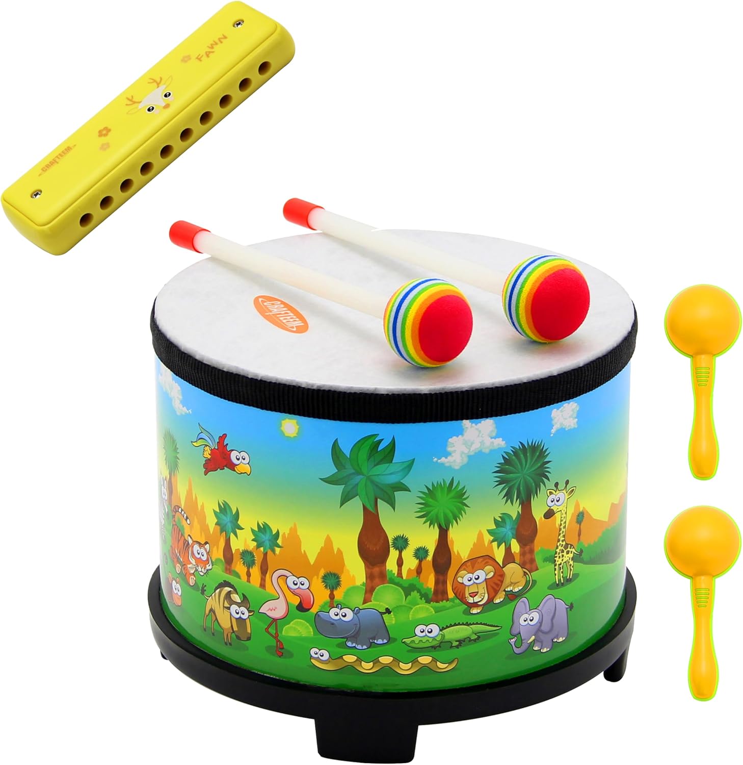 Kids Drum Wooden Instrument and Color Blues Kids Harmonica for Toddler, Children Boys & Girls Christmas Birthday Gift