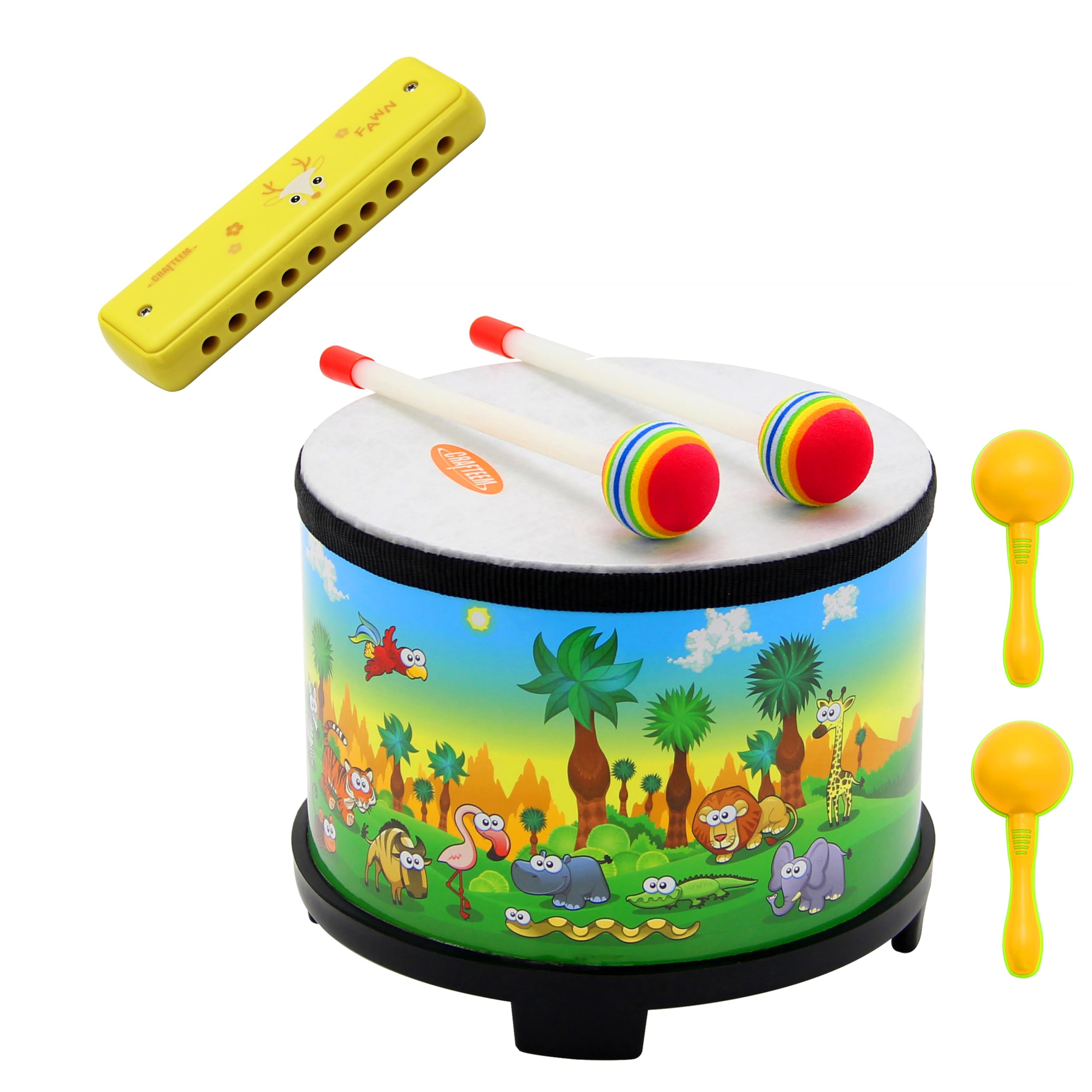 CRAFTEEMKids Drum Wooden Instrument and Color Blues Kids Harmonica for Toddler, Children Boys & Girls Christmas Birthday Gift