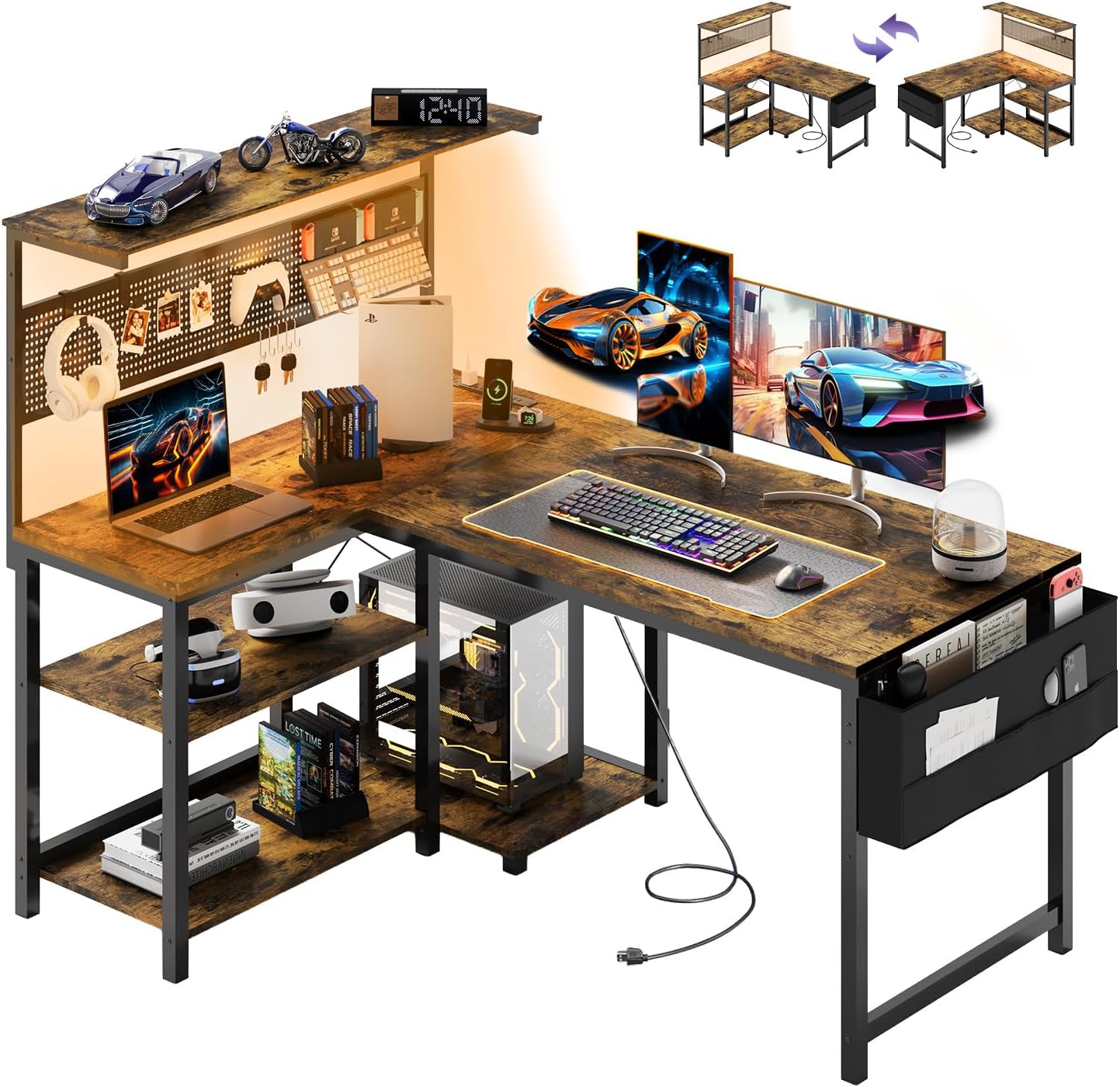 Apicizon L Shaped Desk Gaming Desk with LED Light & Power Outlet, 47 Inch Reversible Computer Desk with Pegboard & Shelf & Storage Bag for Home Office, Rustic Brown