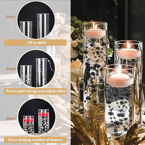 Miniatura 4 de 50 cuerdas de perlas para velas flotantes, perlas de imitación de efecto flotante para relleno de jarrón, decoración de mesa de centro de mesa para