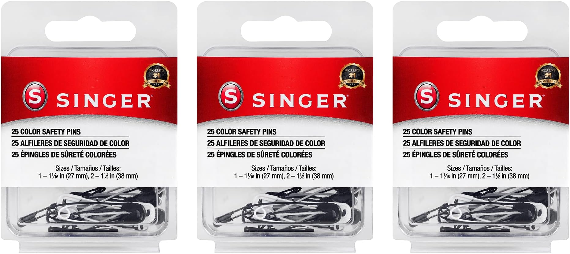 SINGER Black and White Safety Pins, Assorted Sizes, 3-Pack