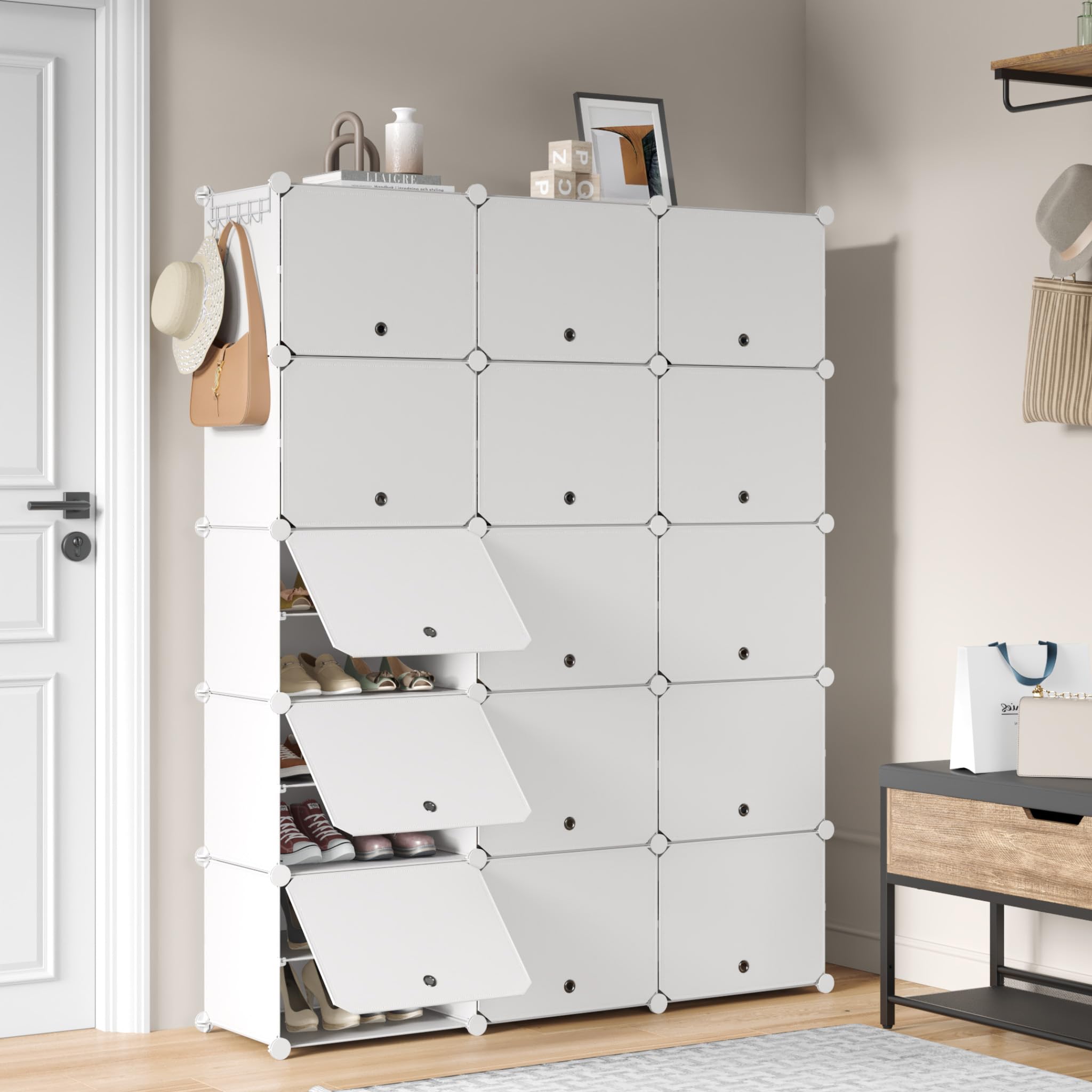 Mondeer Shoe Storage Cabinet, Oversized 3 x 10 Tier Plastic Shoe Rack to 60 Pair Shoes, Dust-proof Cube Shoe Organiser with Removable Shelf and Hooks, for Hallway Entryway Closet, White
