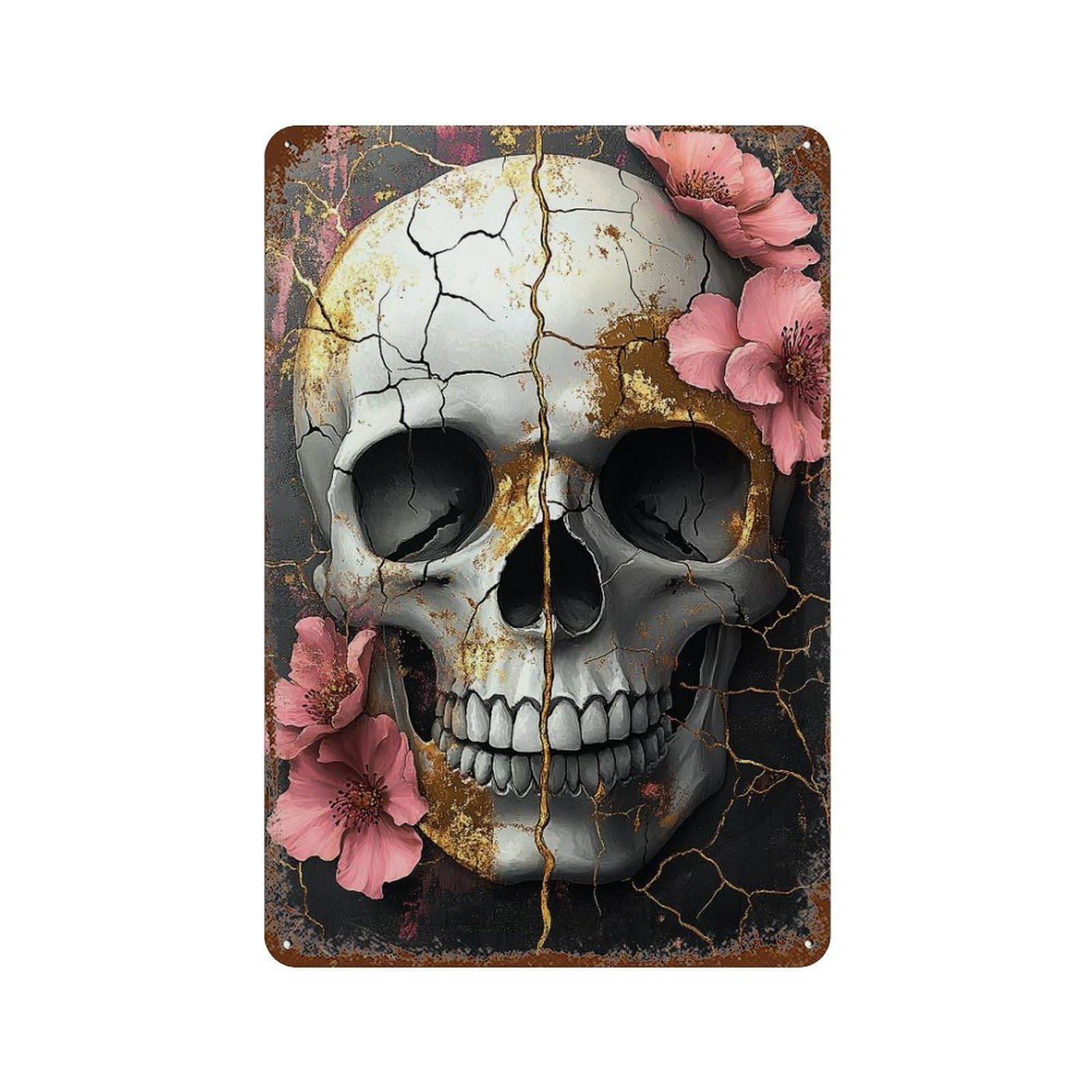 Skull with Pink Flowers Art Print Aged Metal Wall Plaque 11.8"x7.9", Rustic Home Decor for Garage, Pub Or Kitchen