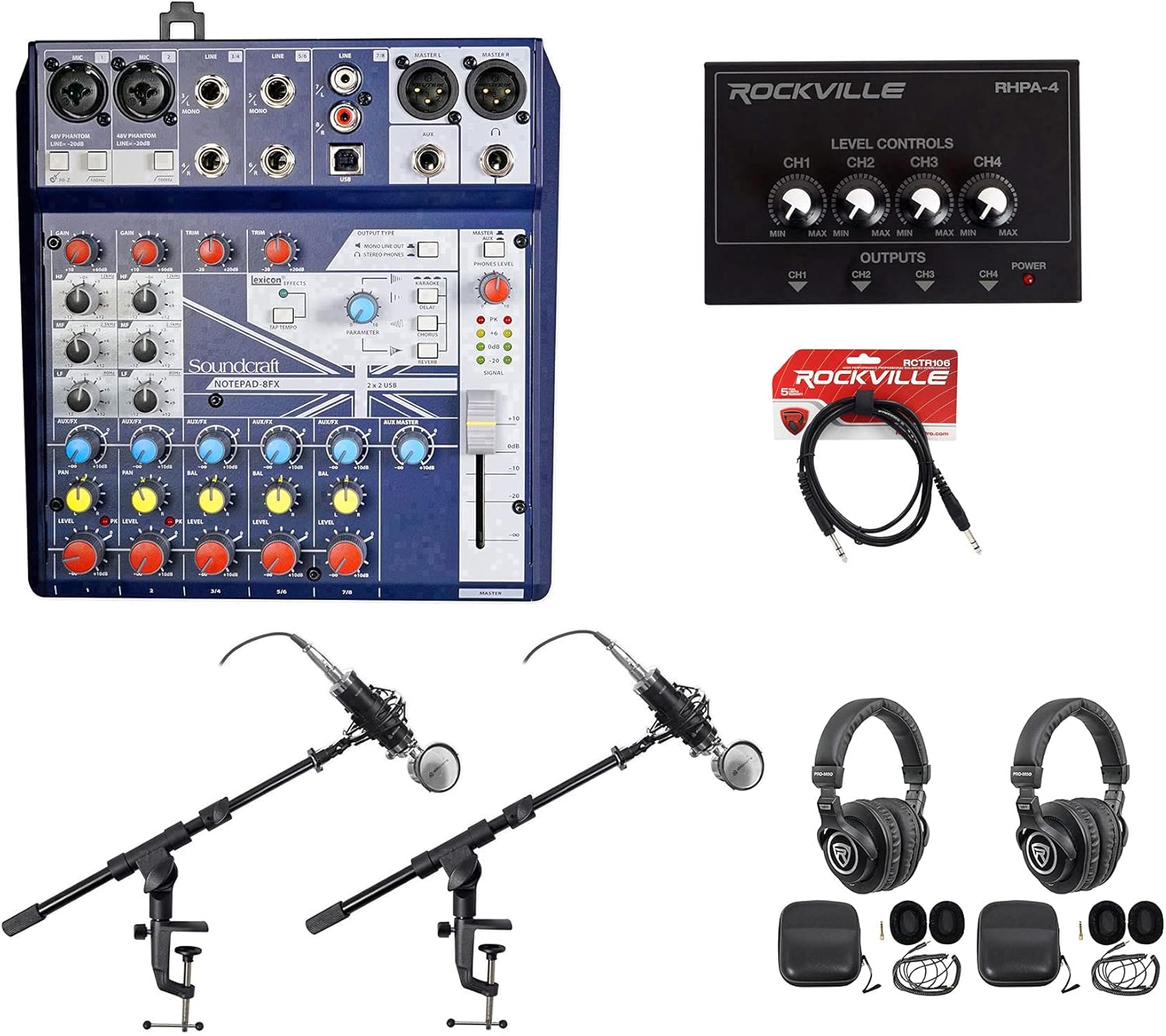 Soundcraft Notepad-8FX Podcast Mixer Bundle with RockvilIe RCM03 Pro Recording Mic, PRO-M50 Headphones, DMS40 40" Mic Boom Arm, RCTR106B TRS to TRS Cable and RHPA4 Headphone Amplifier Stereo