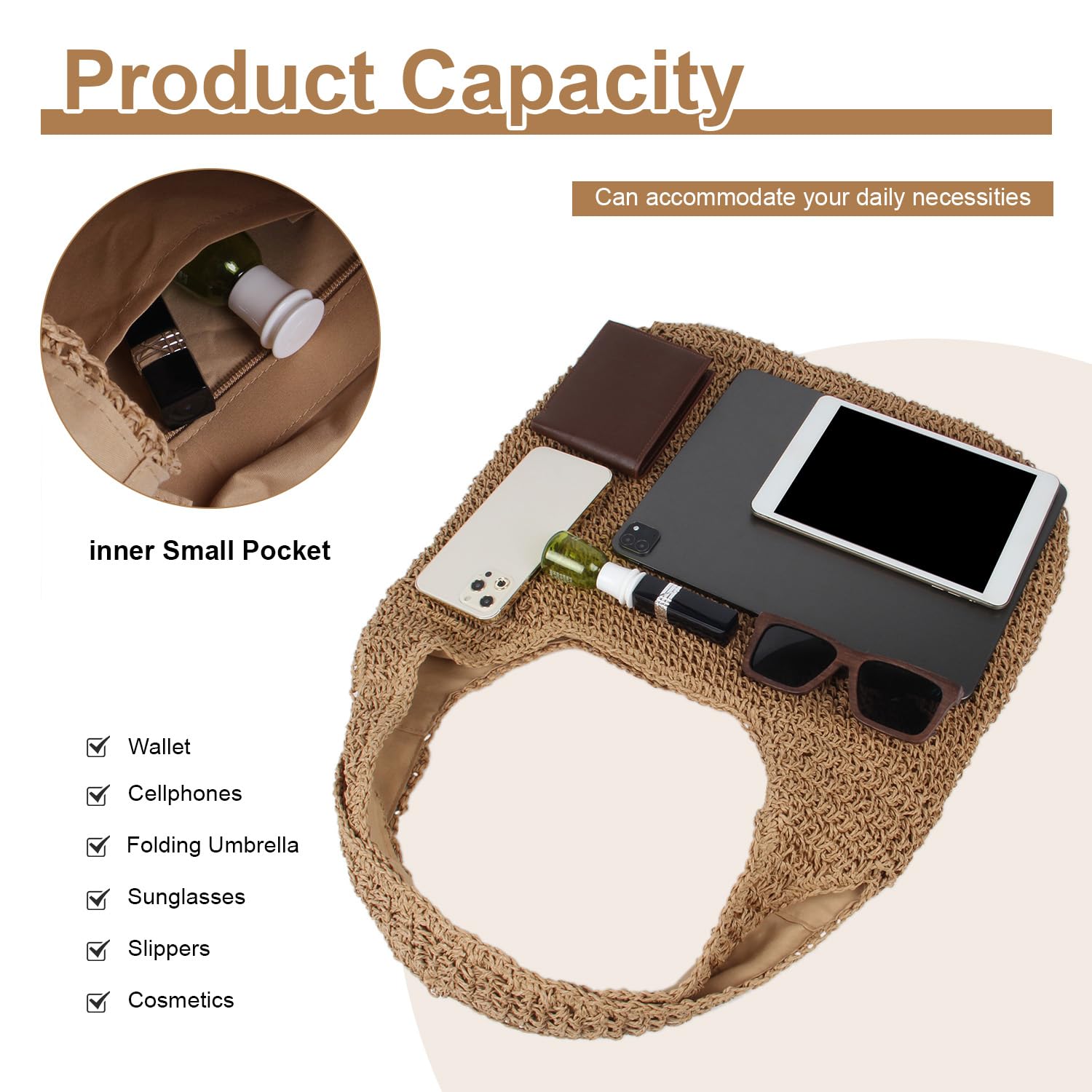 Bolso Tote de Paja Bolso de Hombro de Playa de Verano para Mujer, Monedero Informal Tejido a Mano de Gran Capacidad