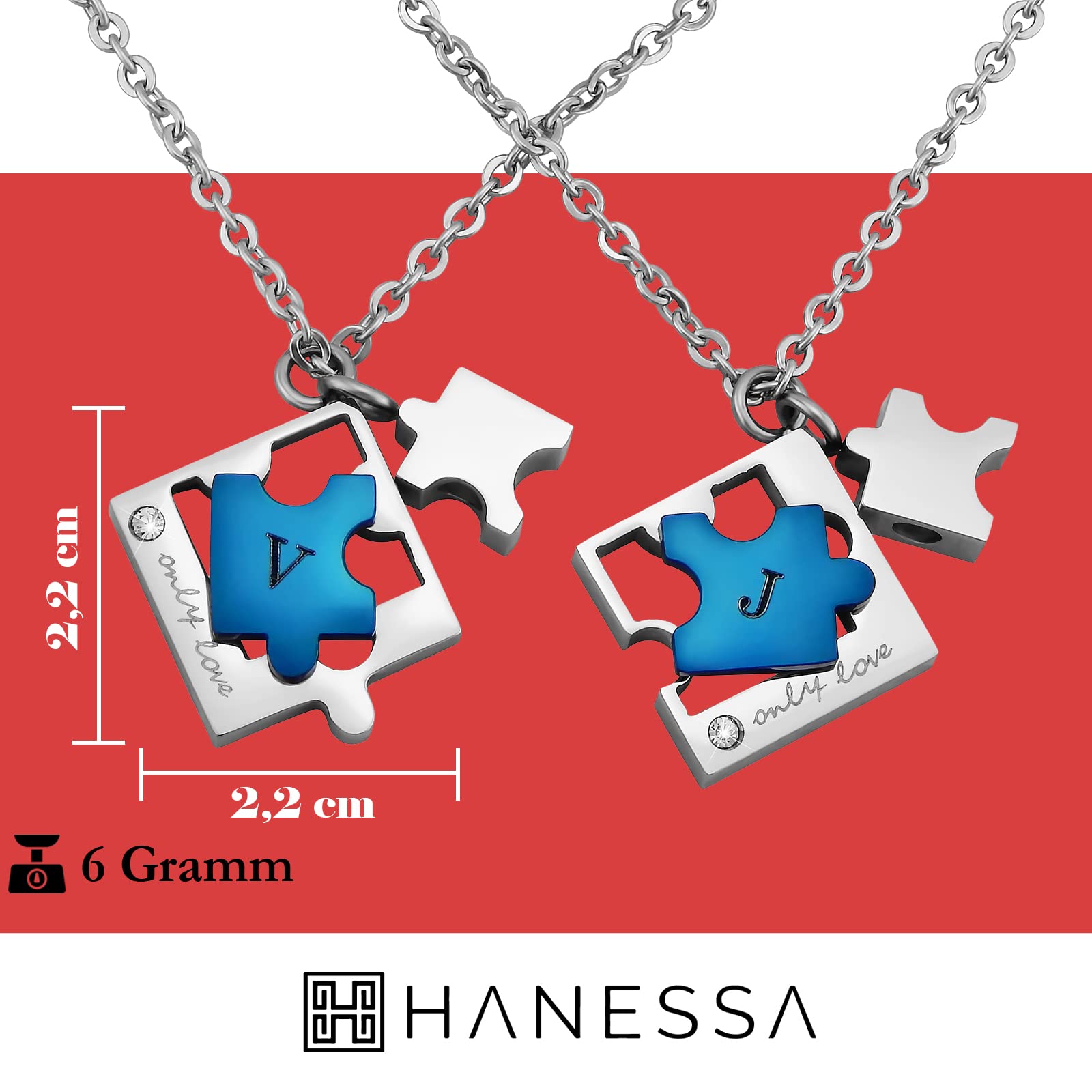 2 Stück Personalisierte Kette mit Gravur Edelstahl 50 cm mit Anhänger Puzzle Teil mit Strass-Stein in silber blau - Personalisierte Geschenke Damen Herren Freundin Freund - Partner Halskette