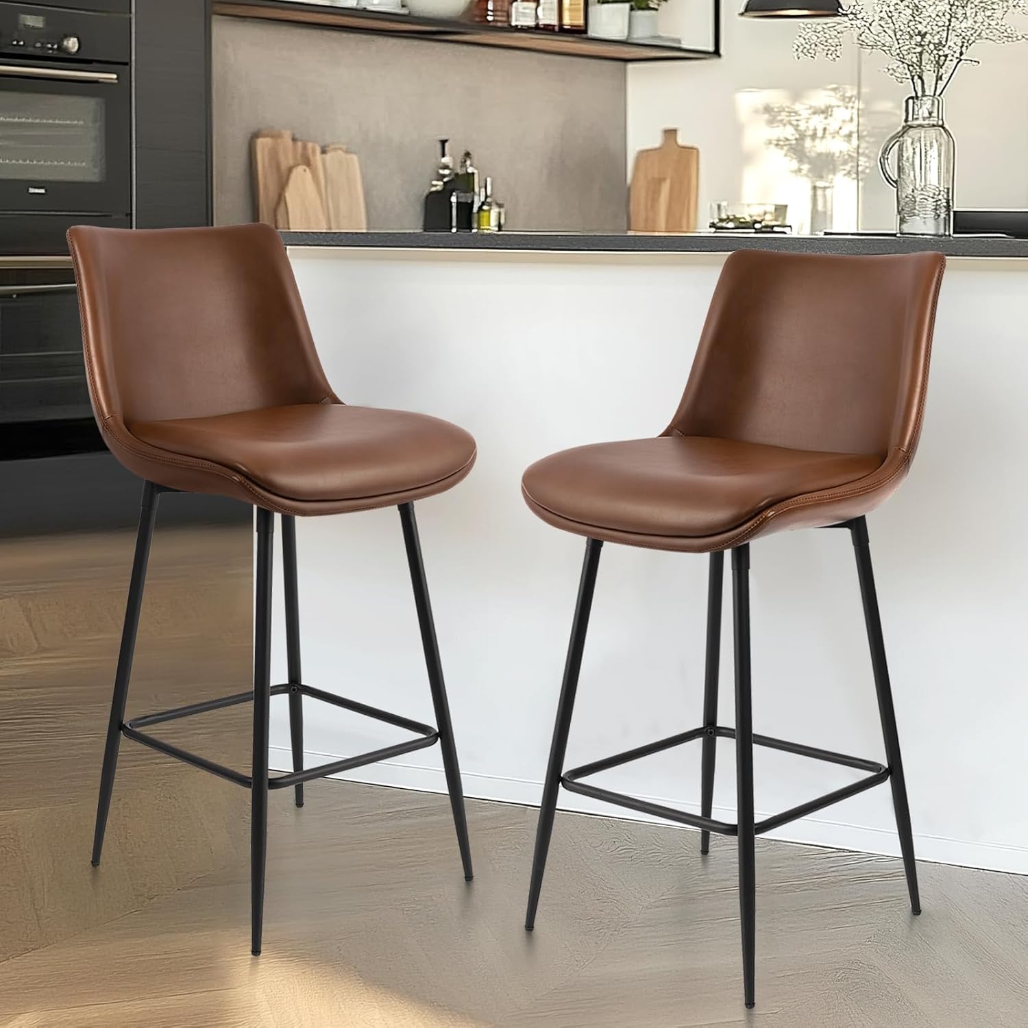 Counter Height Bar Stools of 2, FSC Certified Upholstered Faux Leather Bar Stools with Back, Metal Base, 27" Seat Height, Modern Upholstered Barstool for Kitchen Island,（Walnut Brown）