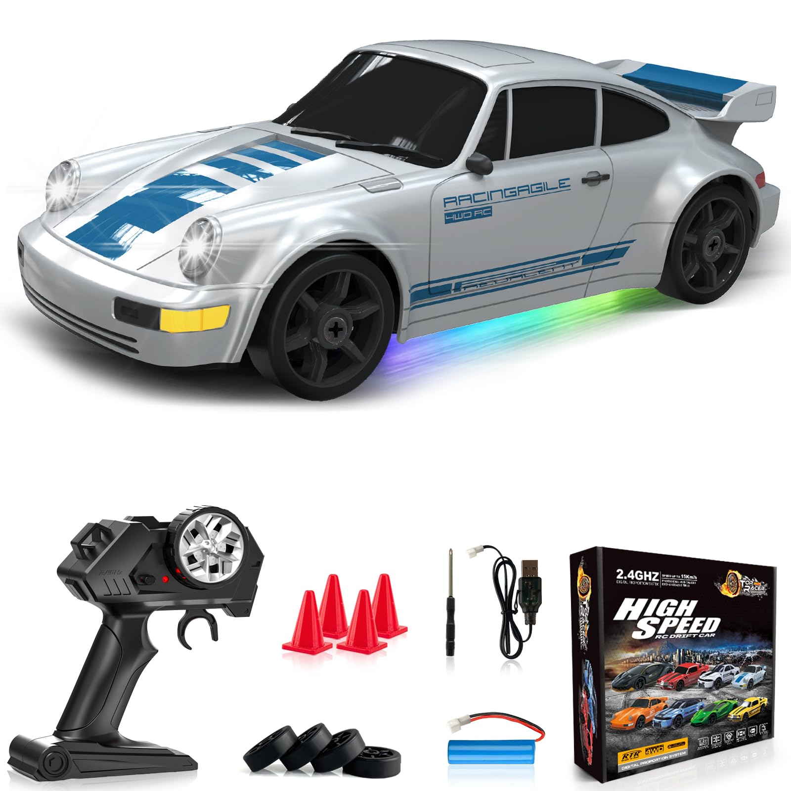 RC Drift Car 1:24 Remote Control Car 4WD 15KM/H High Speed Racing Sport Car with LED Lights RC Cars Toy for Kids Boys Girls Adults Gifts Birthday Christmas Rechargeable Batteries