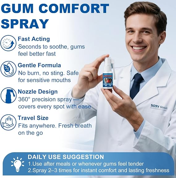 Toothache Relief Spray - Soothes Gum Fast, Improves Dryness, Mint & Chamomile Formula, Portable Oral Care for Adults (0.68FL.OZ)