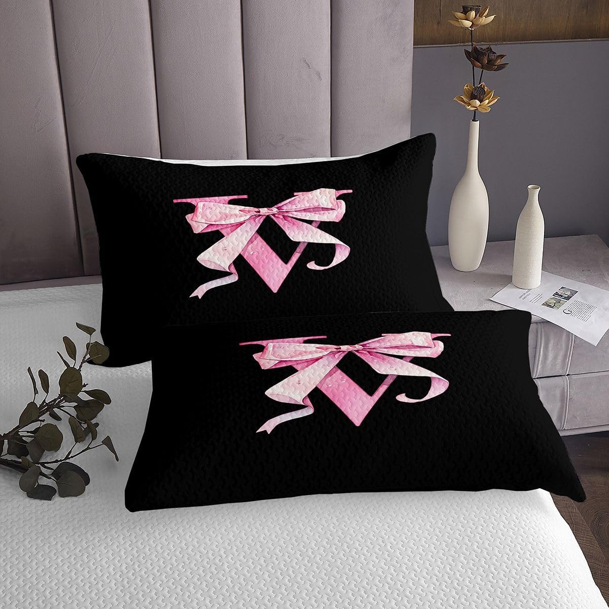 jejeloiu Princess Style Bowknot Bedspread King Size Personalized Initial V Coverlet Set Pink Black Glitter Bow Quilted Coverlet for All Season with 2 Pillowcases Lightweight