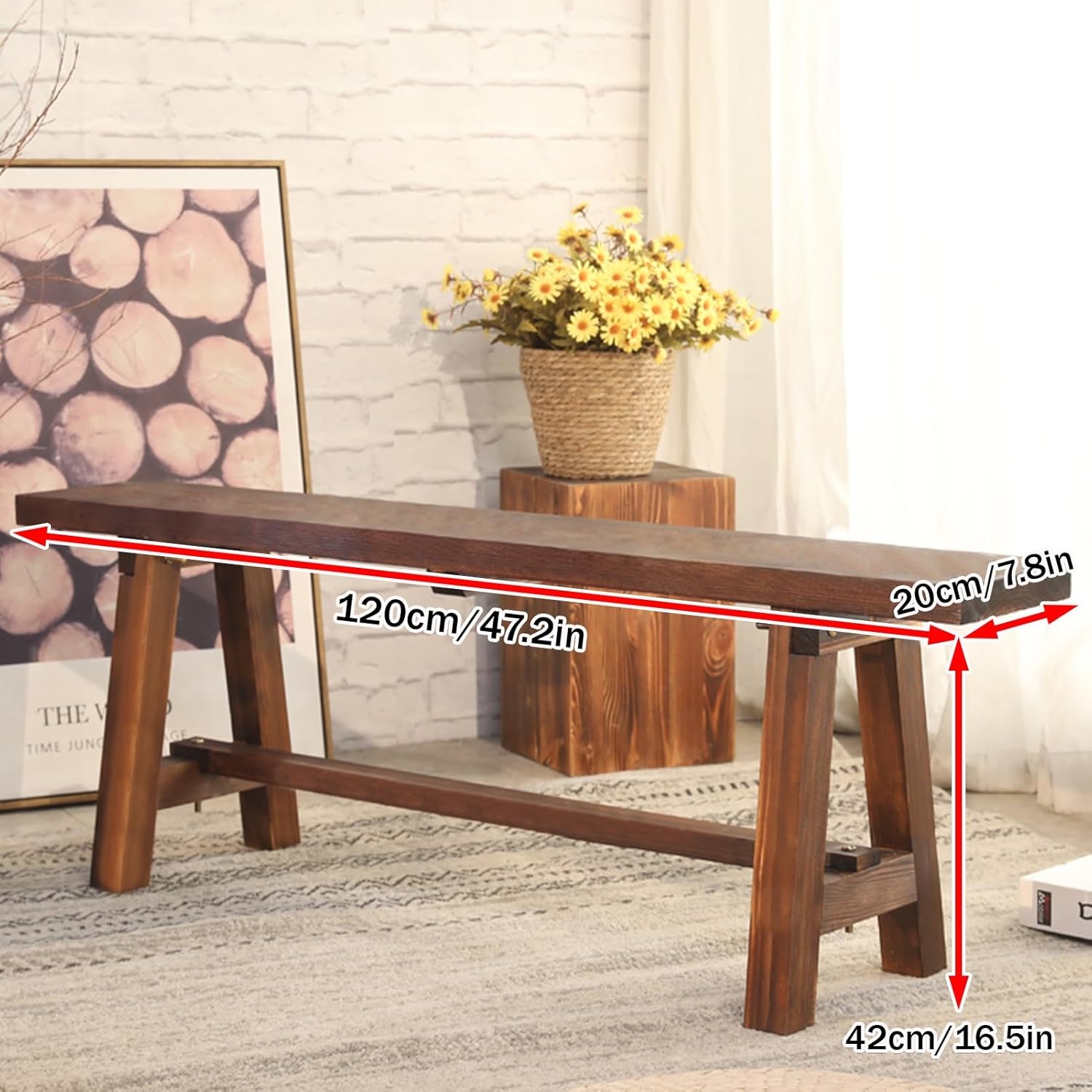 Dining Bench, Wood Bench, Table Benches with Rounded Corner, Farmhouse Wood Bench, Sturdy and Stable, Entryway Bench, Kitchen Bench for Dining Room/Bedroom